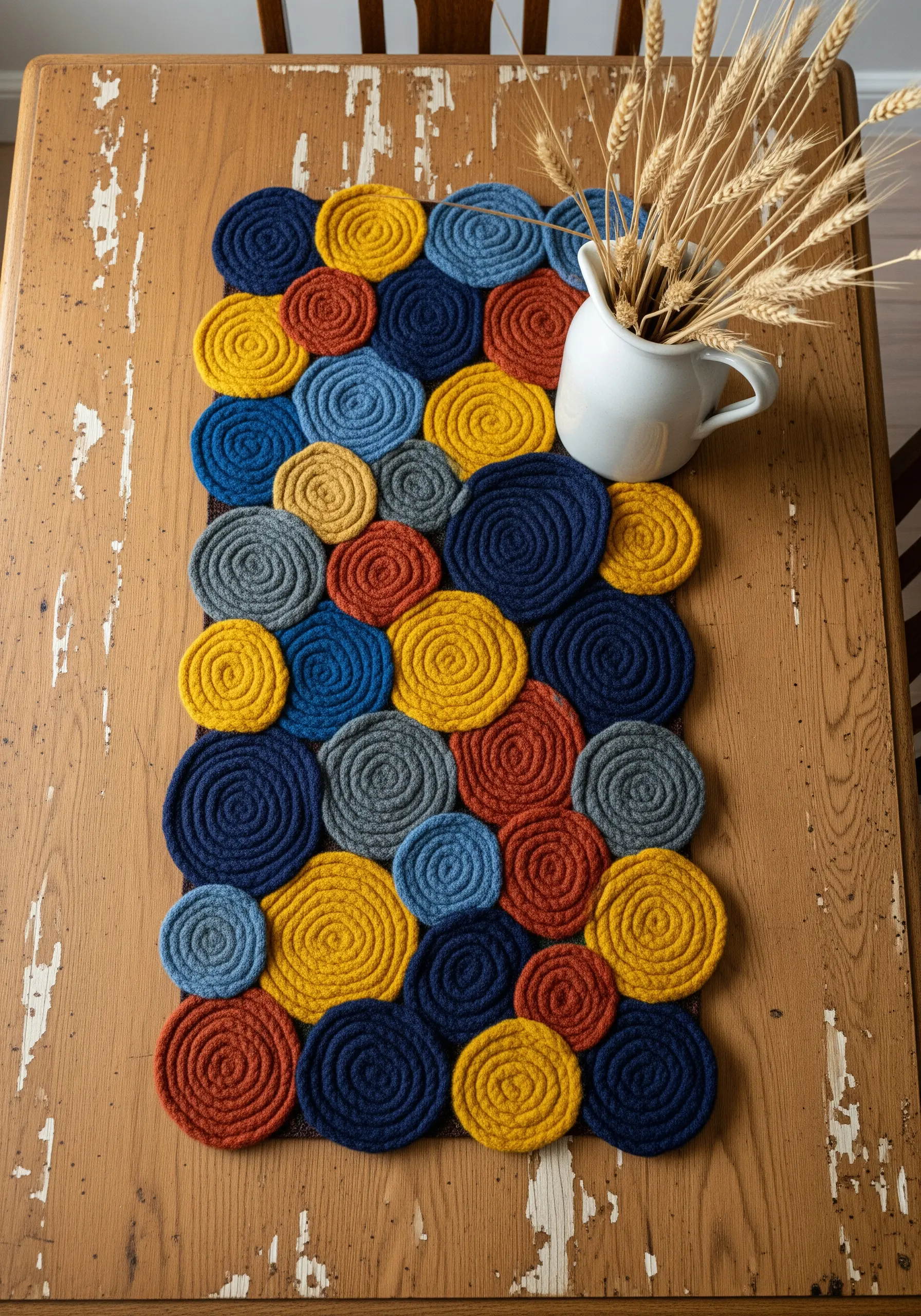 Coiled fabric table runner in blue, yellow, and orange