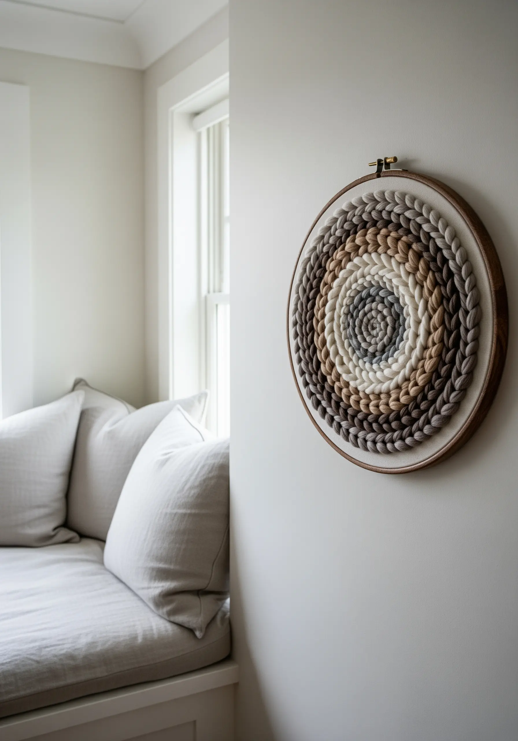 A circular embroidery hoop filled with a spiral of coiled, thick neutral-toned yarns.