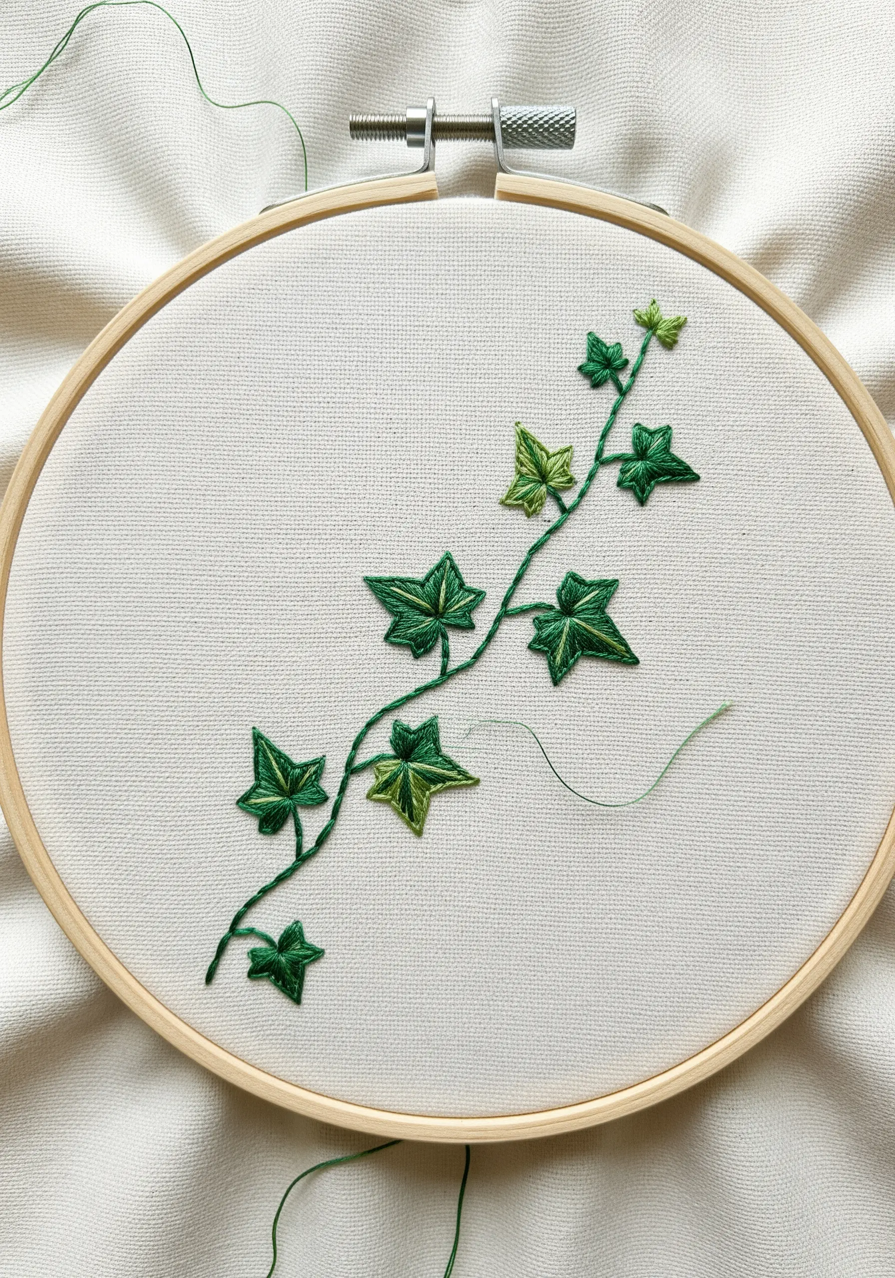 An embroidered ivy vine with green leaves showing subtle color blending.