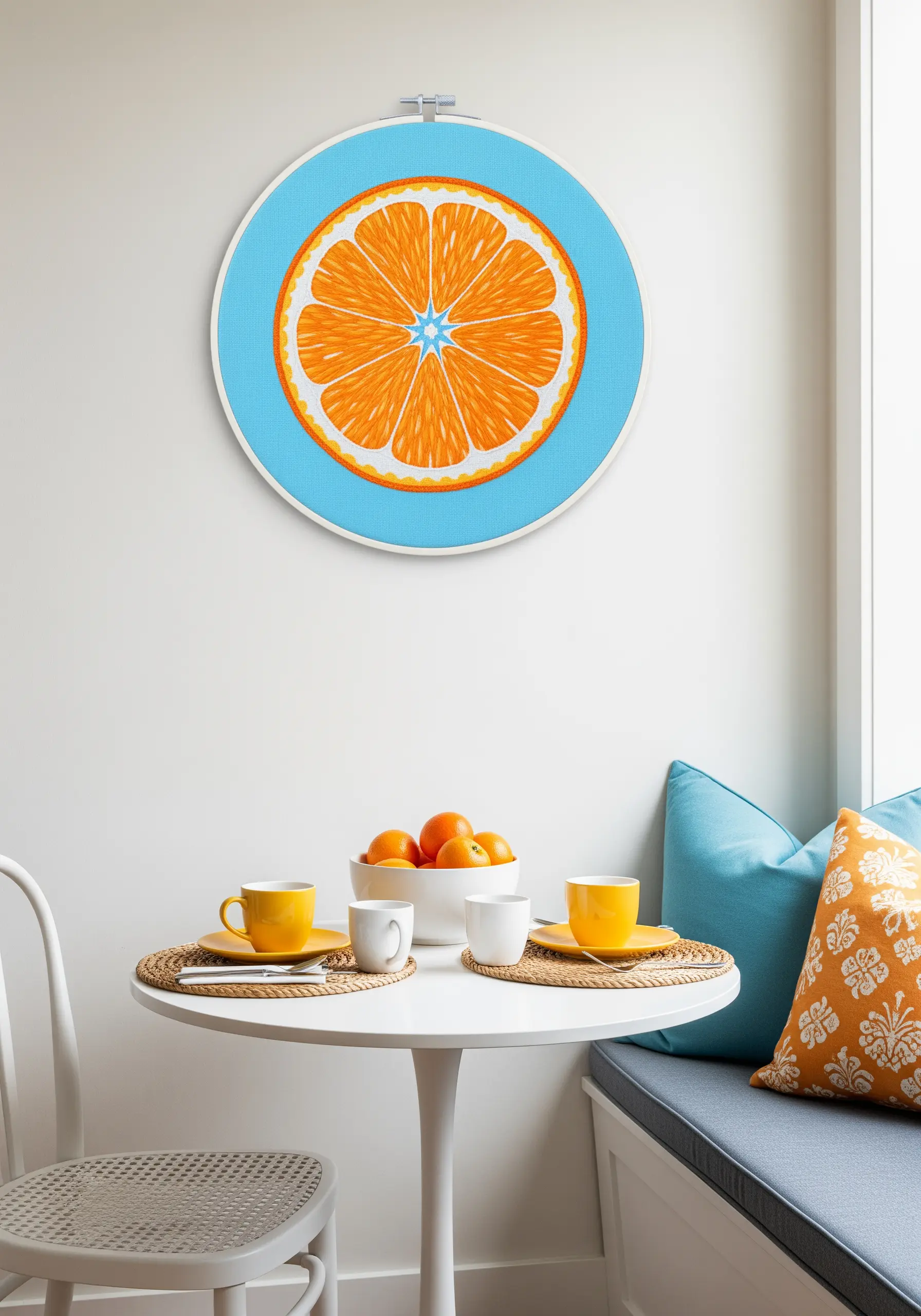 A vibrant embroidered slice of orange on a bright blue background.