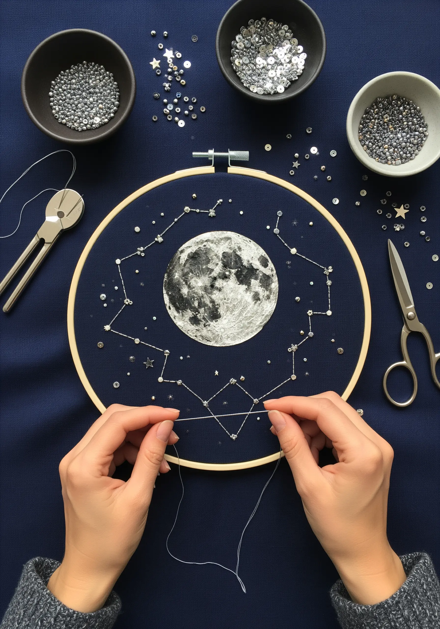 Hoop art with a printed moon, stitched constellations, and silver beadwork on navy fabric.
