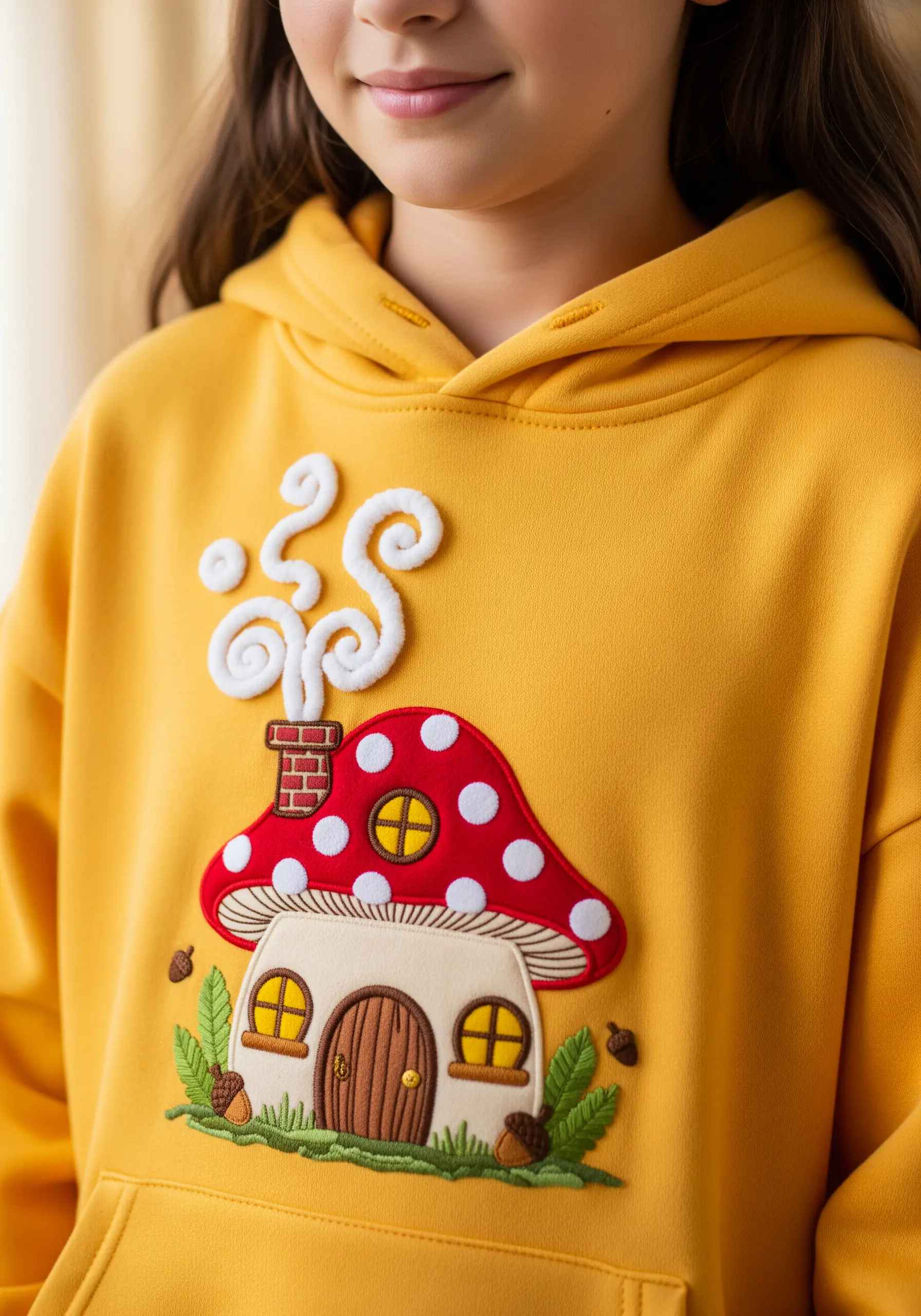 A cute mushroom house made with appliqué and 3D embroidery on a yellow hoodie.