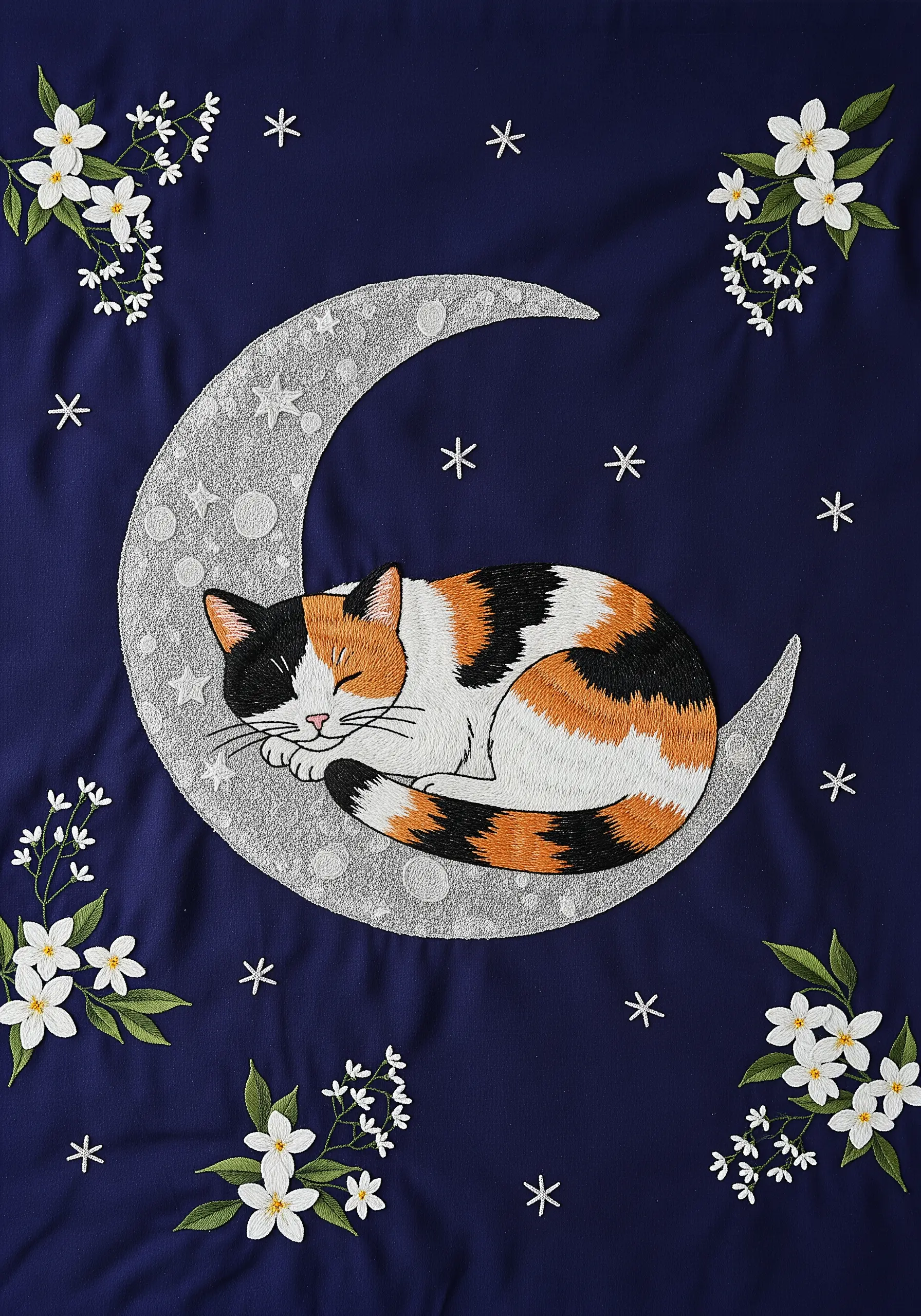 Embroidery of a calico cat sleeping on a silver appliqué moon against a dark blue starry sky.