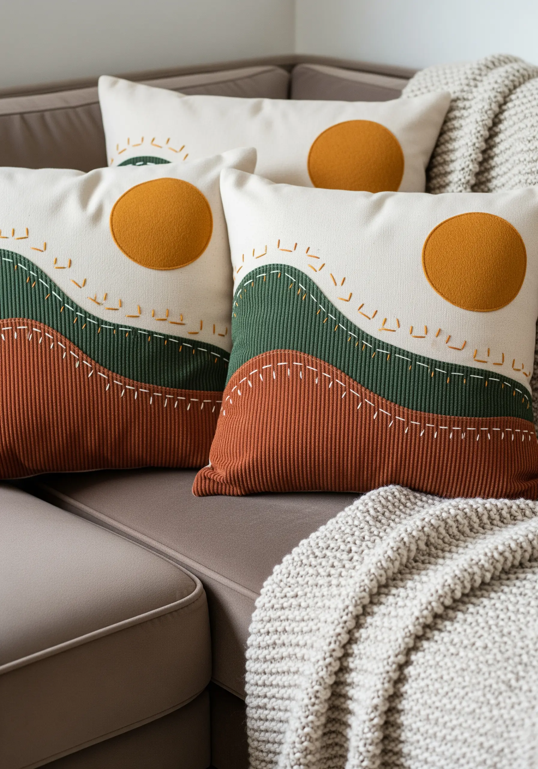 Appliqué cushions with corduroy hills, a satin-stitched sun, and running stitch details.