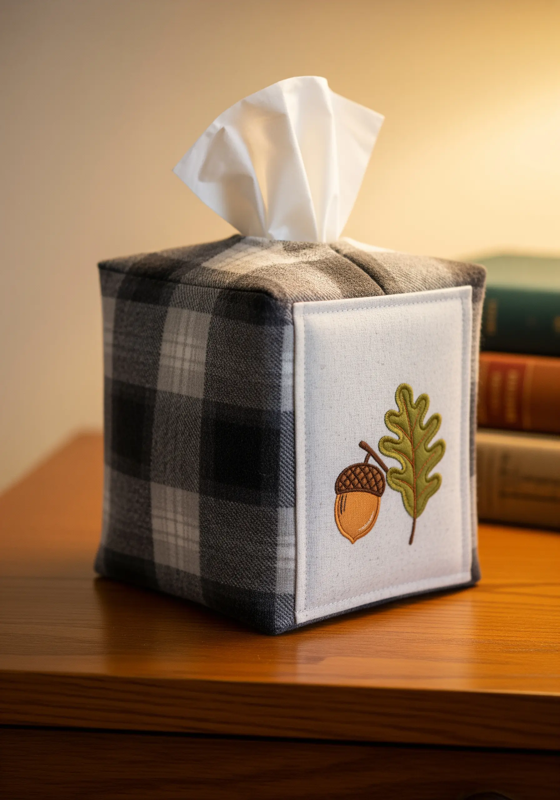 A plaid tissue box cover with an embroidered and appliquéd acorn and oak leaf design
