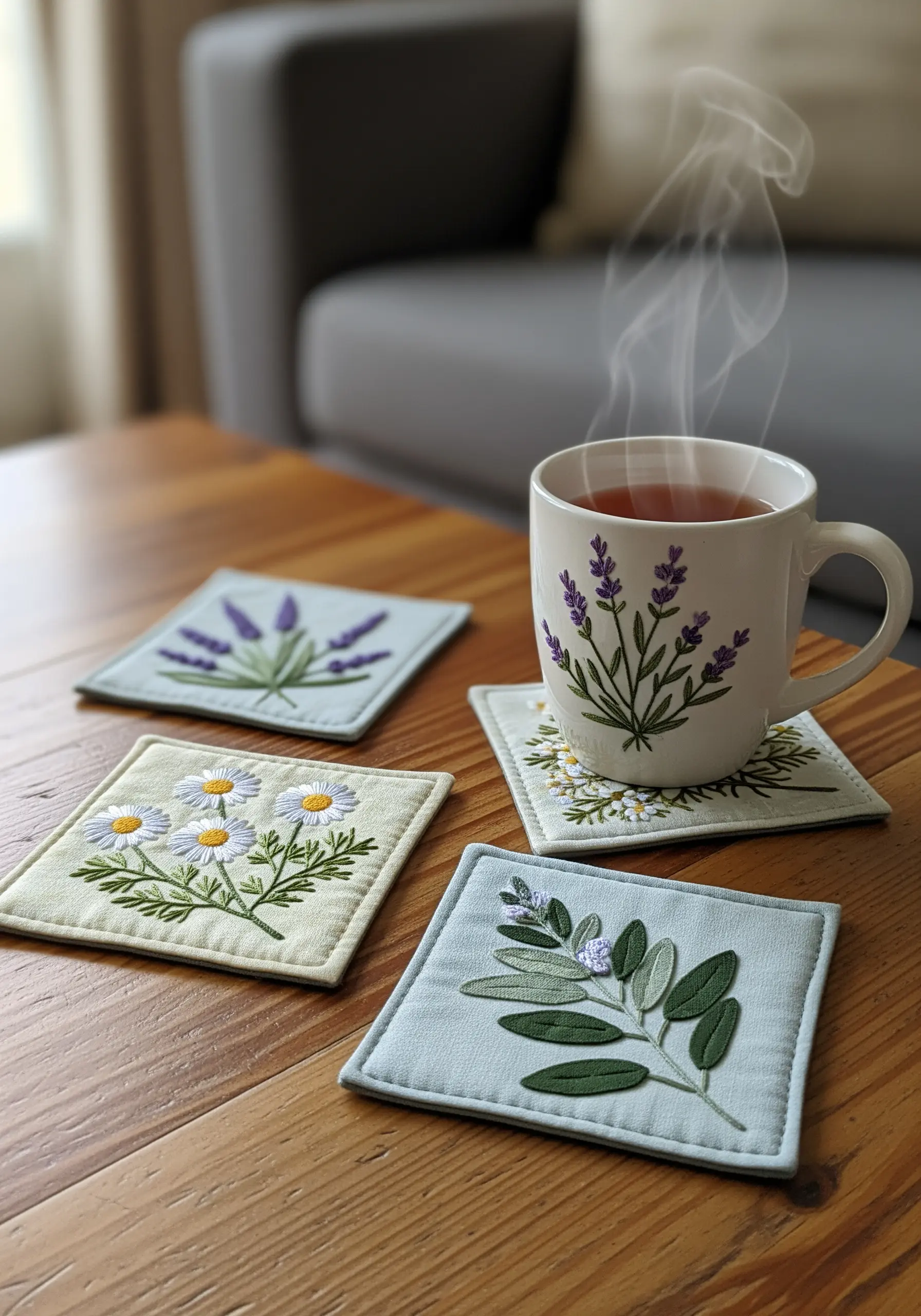 A set of four embroidered coasters with appliquéd and stitched herbs.