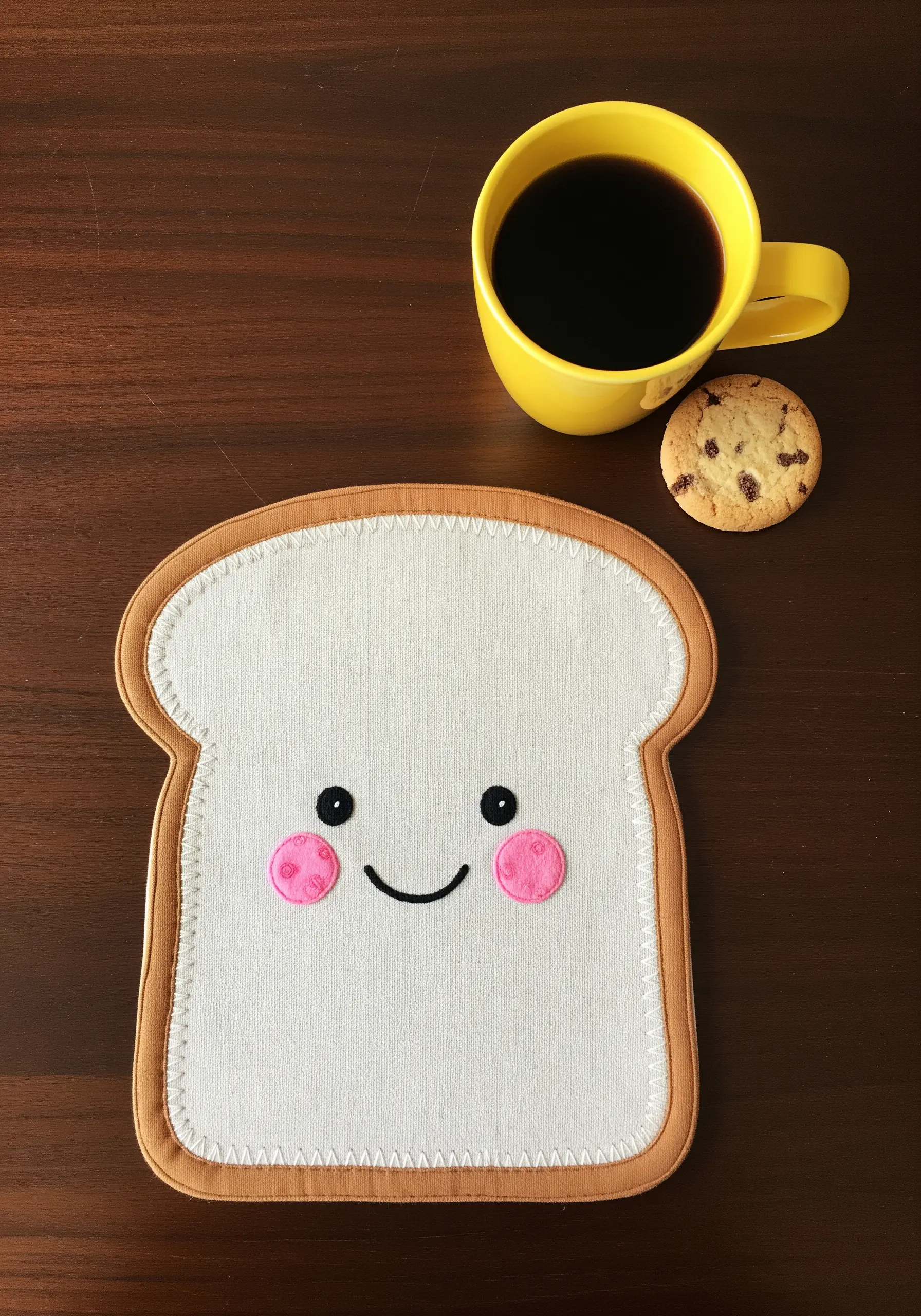 A placemat shaped like a slice of bread with a cute embroidered face and pink felt cheeks.