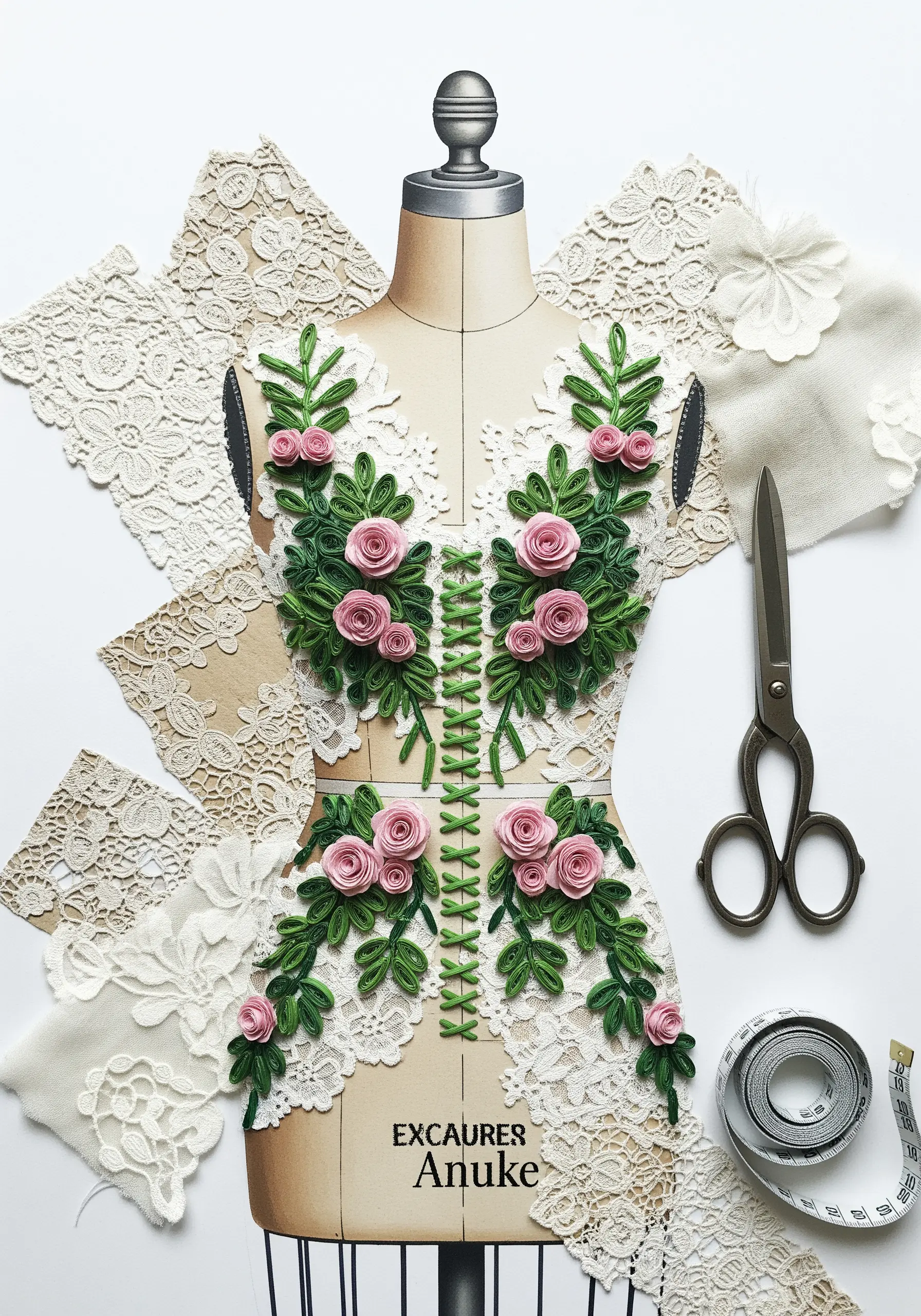 A miniature mannequin torso decorated with lace and 3D paper roses and leaves.