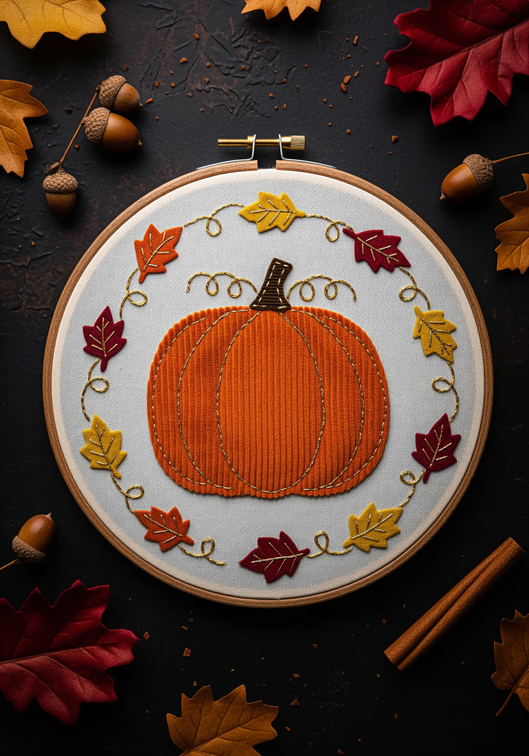 Embroidery hoop with a corduroy pumpkin and a border of felt leaves and gold thread.