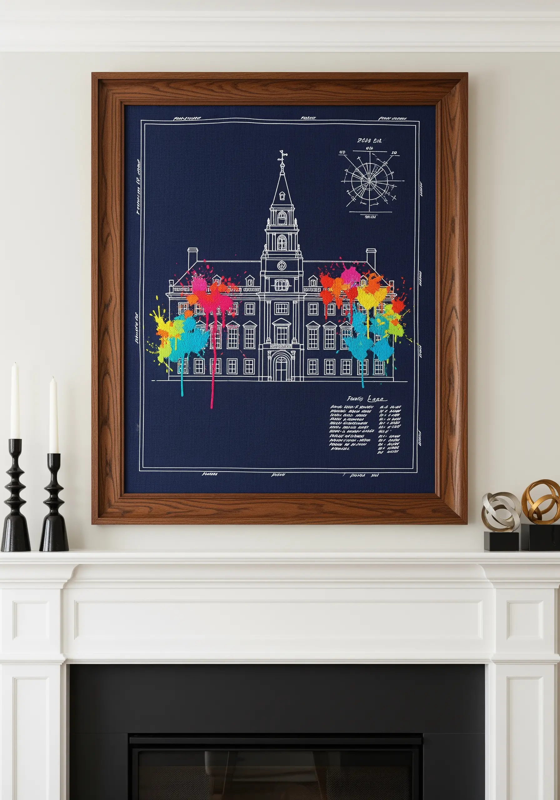 Embroidery of a building blueprint with vibrant, paint-splatter-like stitching over the top.