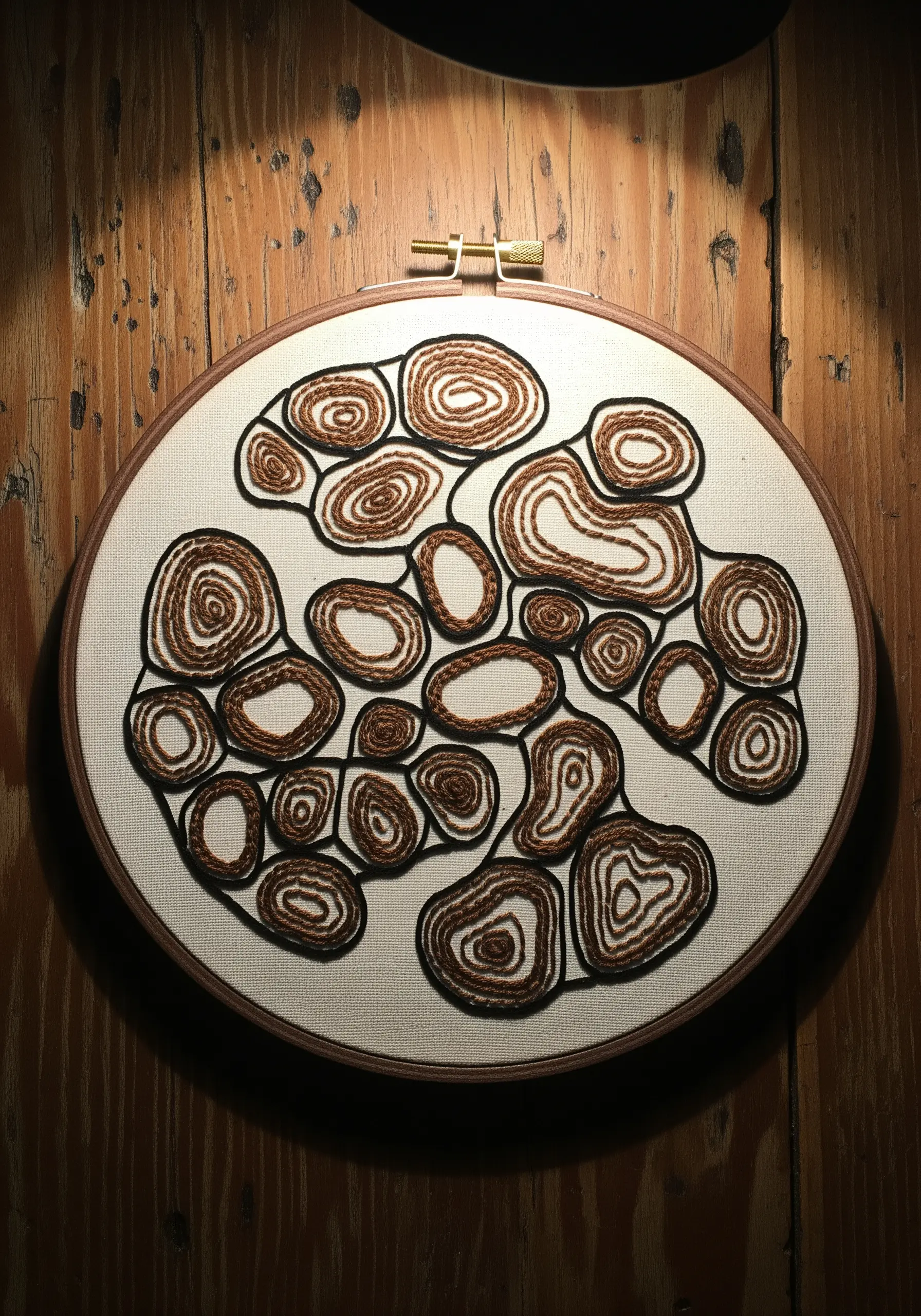 Abstract hoop art with organic shapes outlined in black and filled with brown spirals.