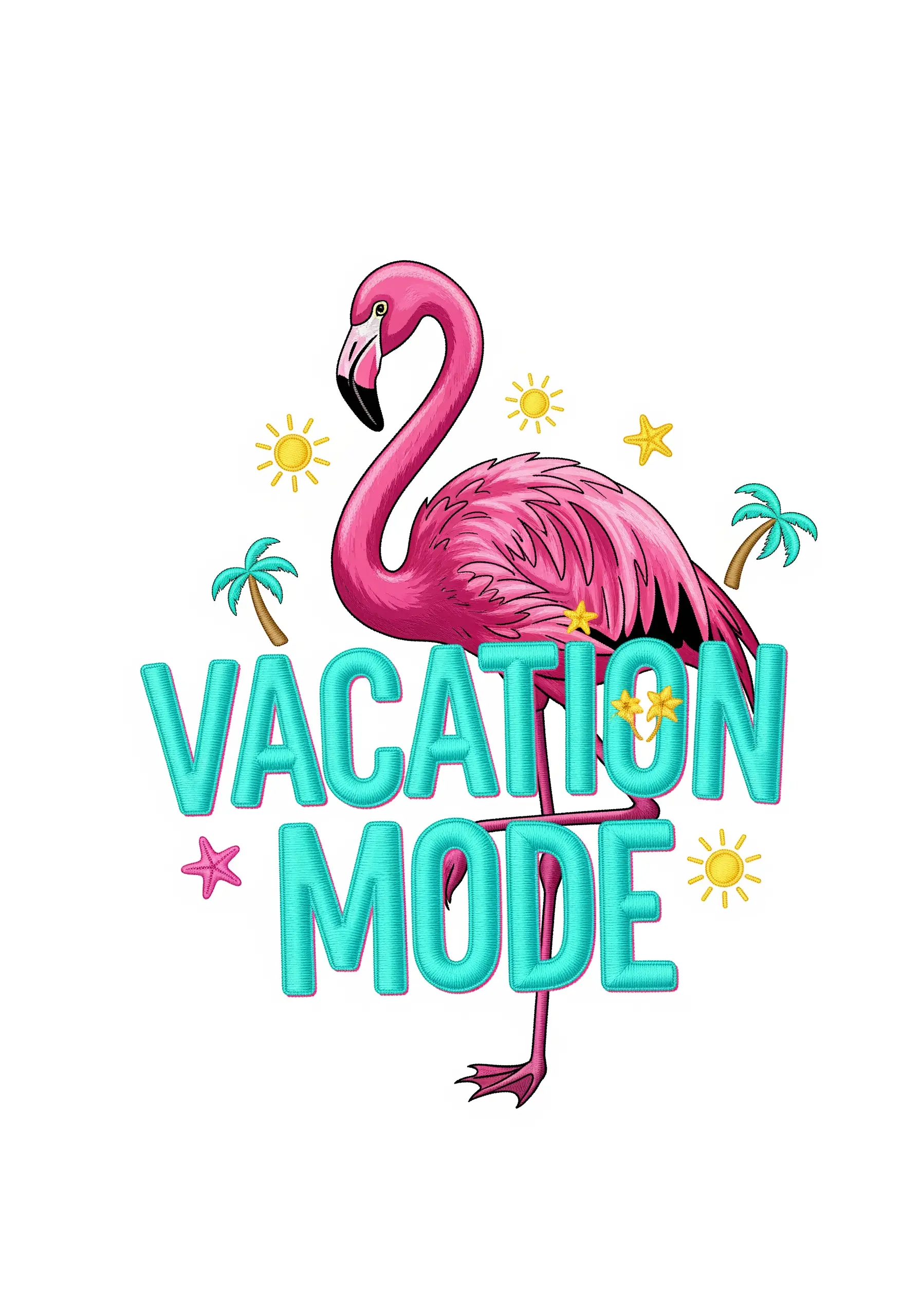 Embroidered design with a flamingo and the words 'Vacation Mode' in bold turquoise letters.