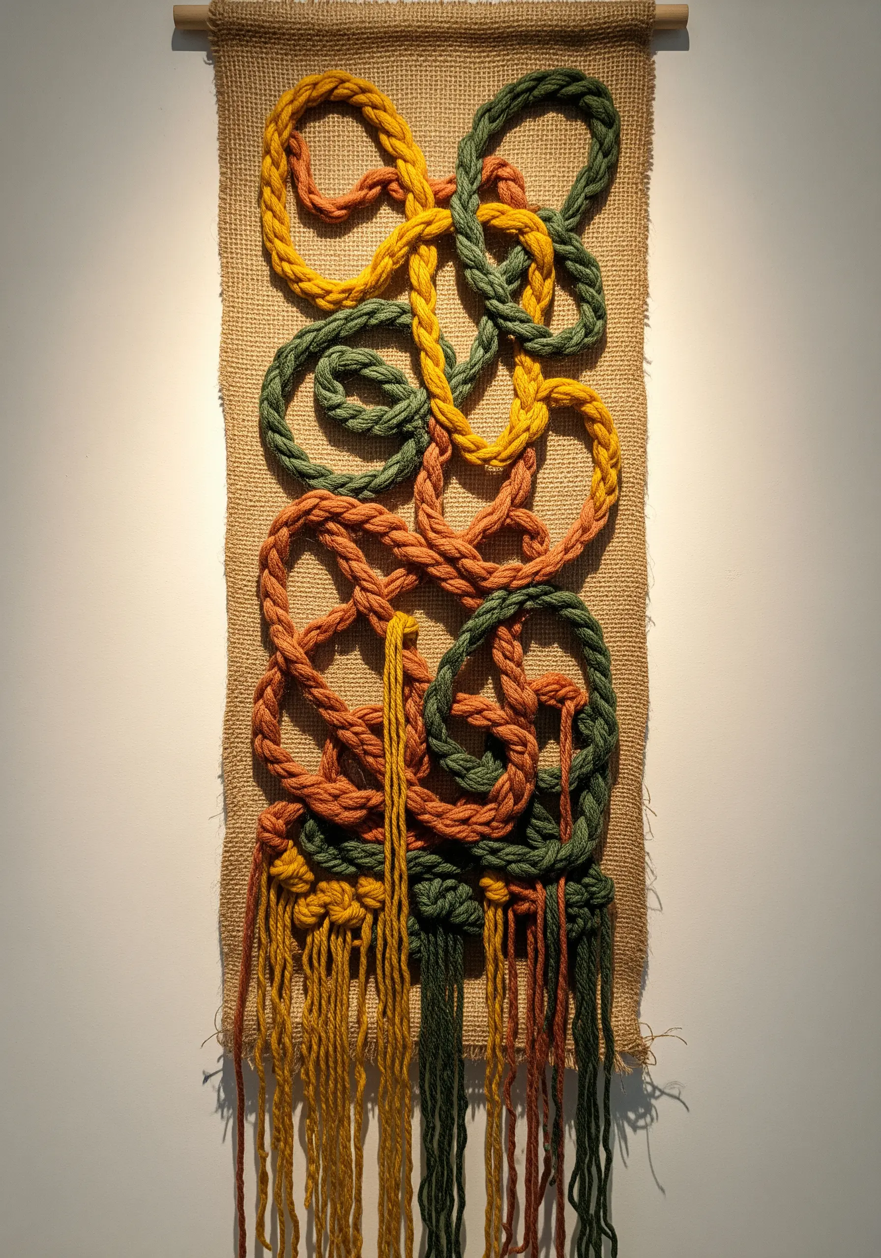 Thick, knotted yarn in mustard, green, and terracotta couched onto a burlap wall hanging