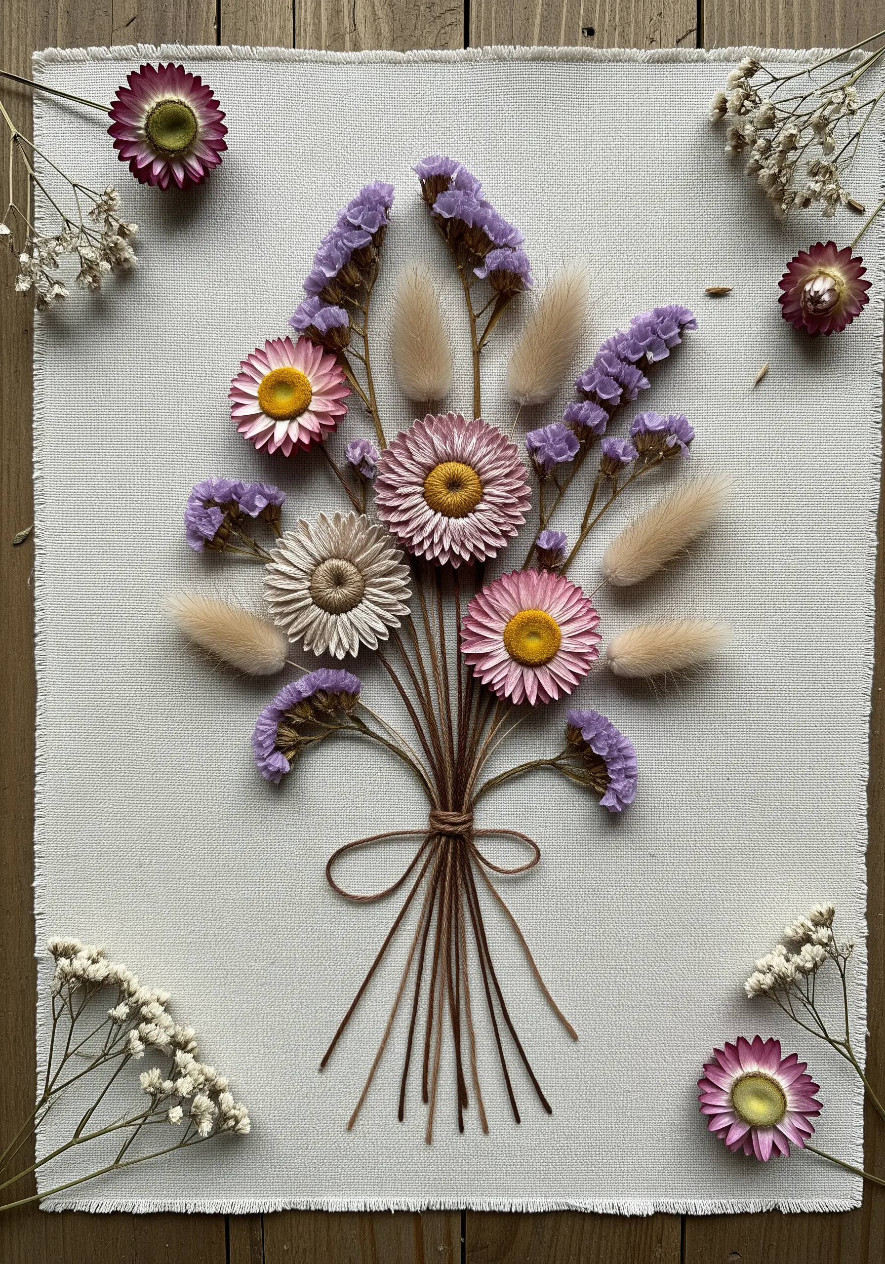 A mixed-media bouquet combining real dried strawflowers with embroidered stems and leaves.