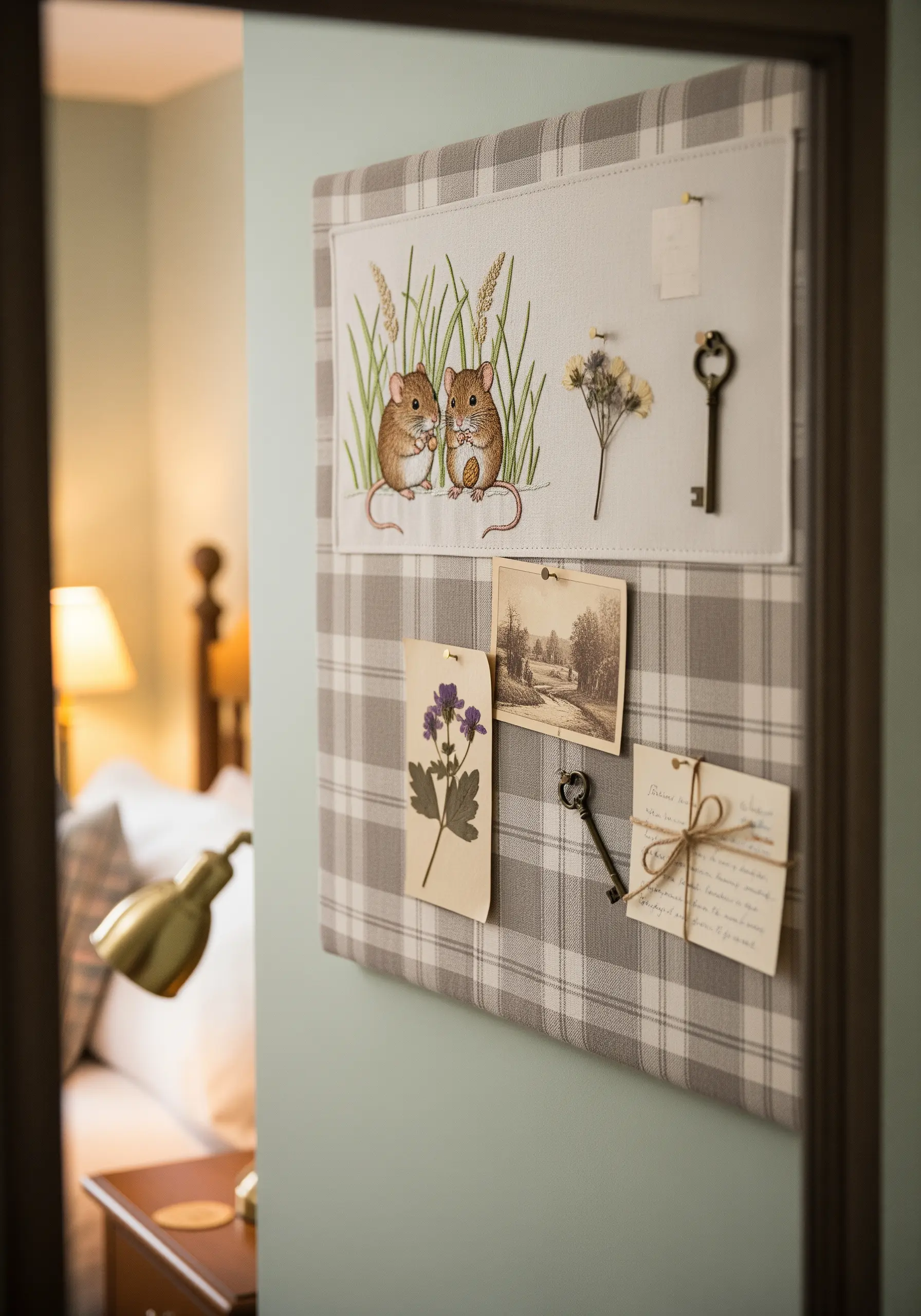 A fabric memo board combining a plaid pattern with an embroidered panel of two mice.