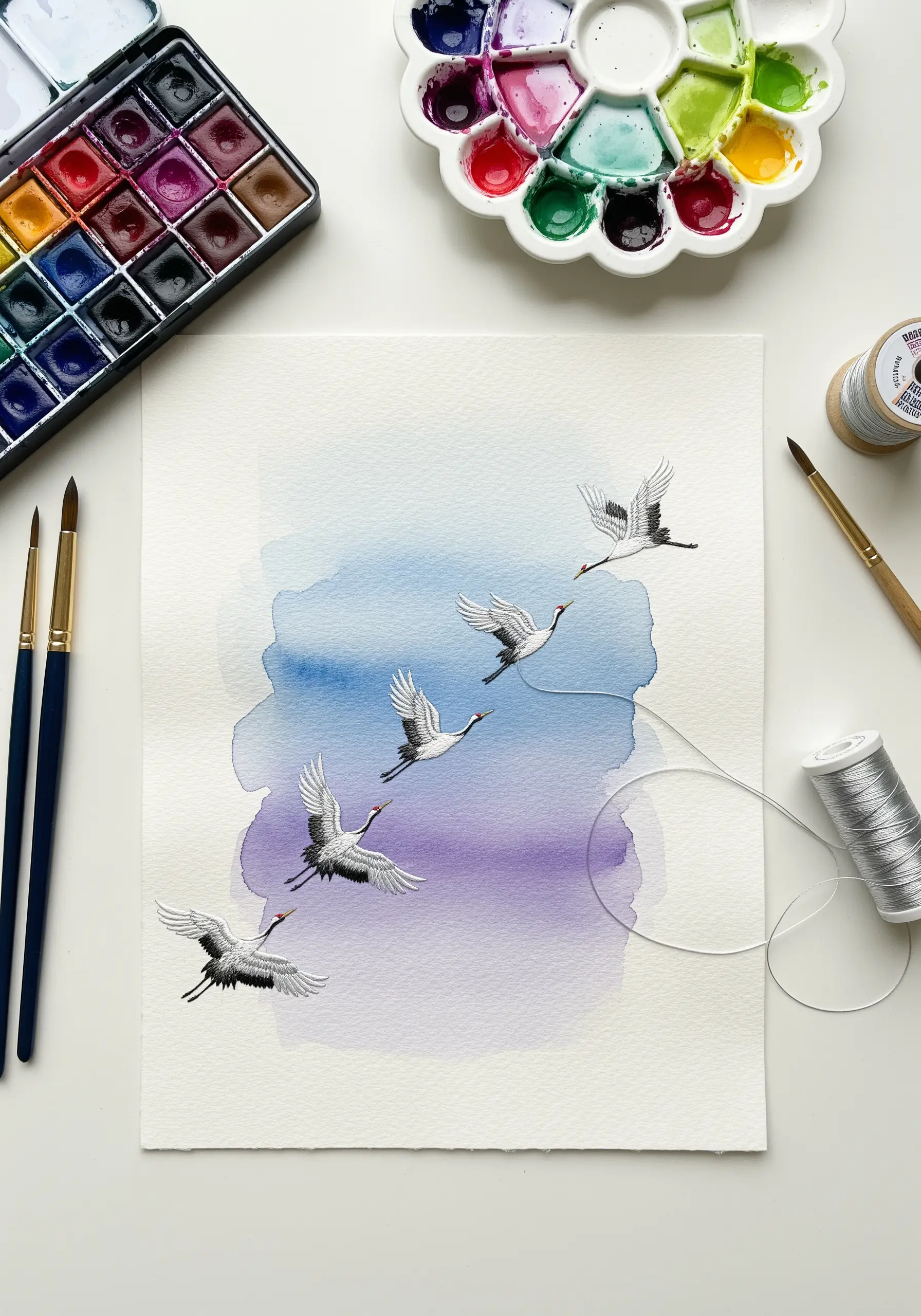 Embroidered cranes flying across a blue and purple watercolor wash on paper.