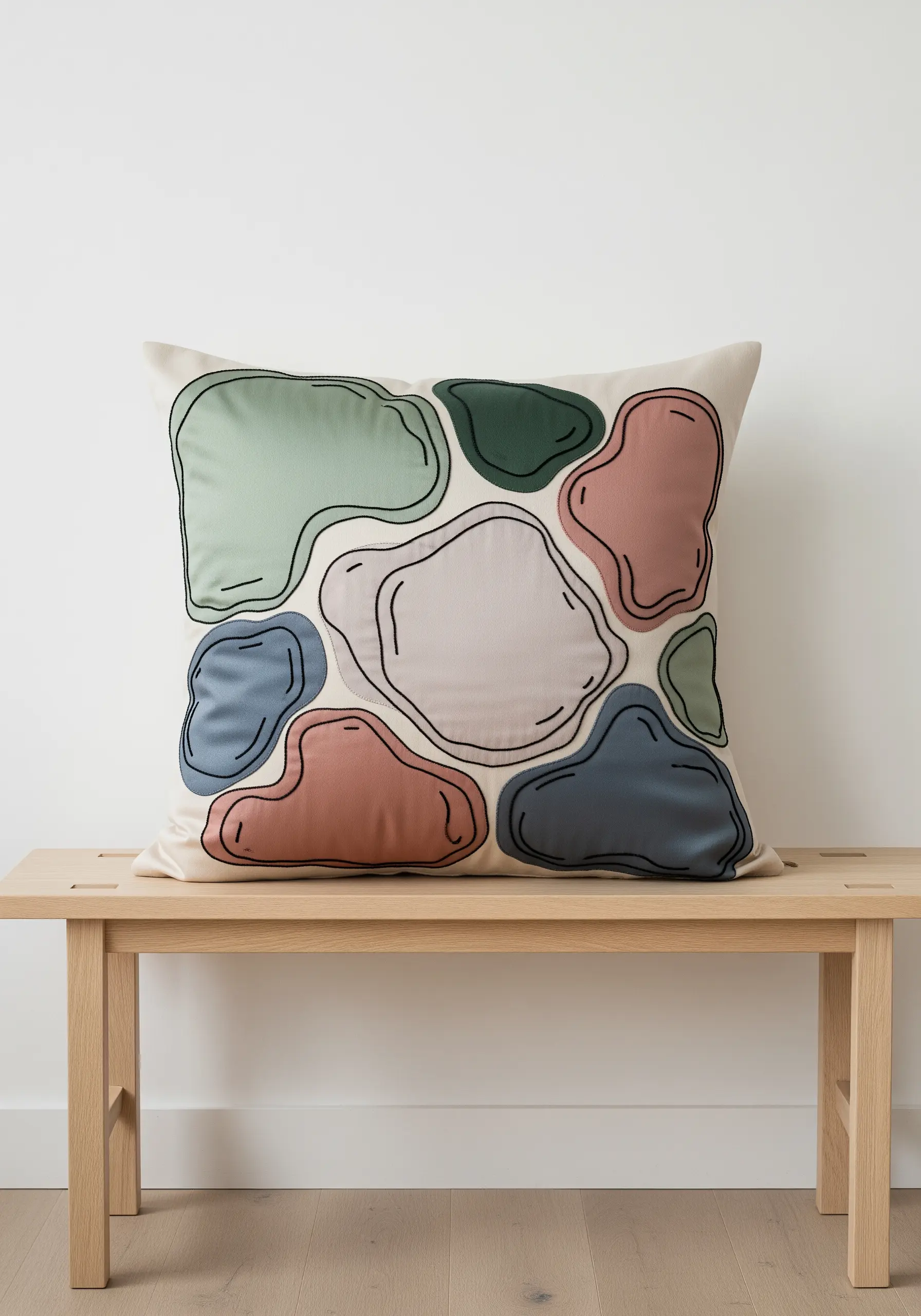 Pillow with appliqué patches in muted colors, outlined with a clean black stitched line.