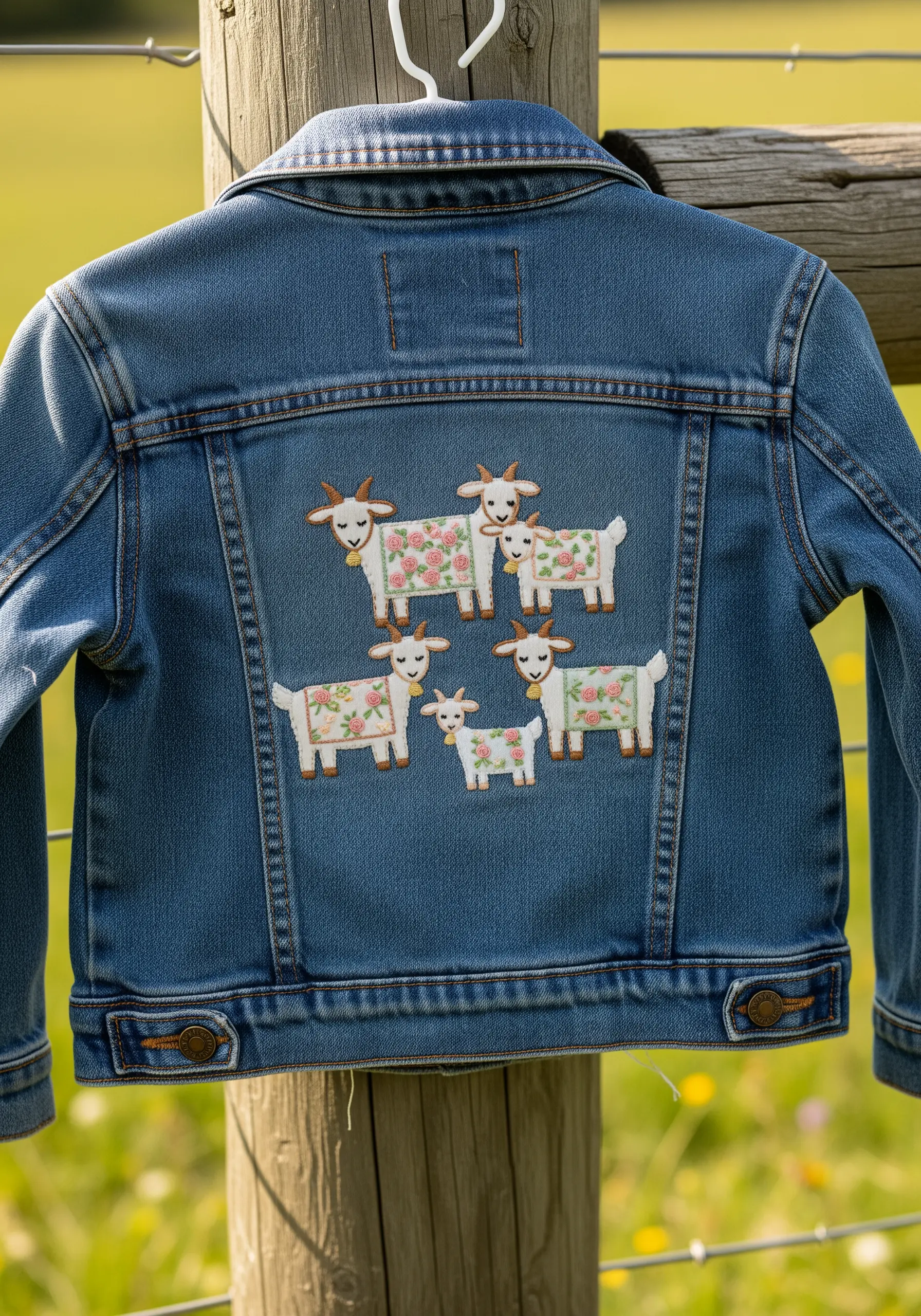 A family of goats made from floral fabric appliqué stitched onto the back of a denim jacket.