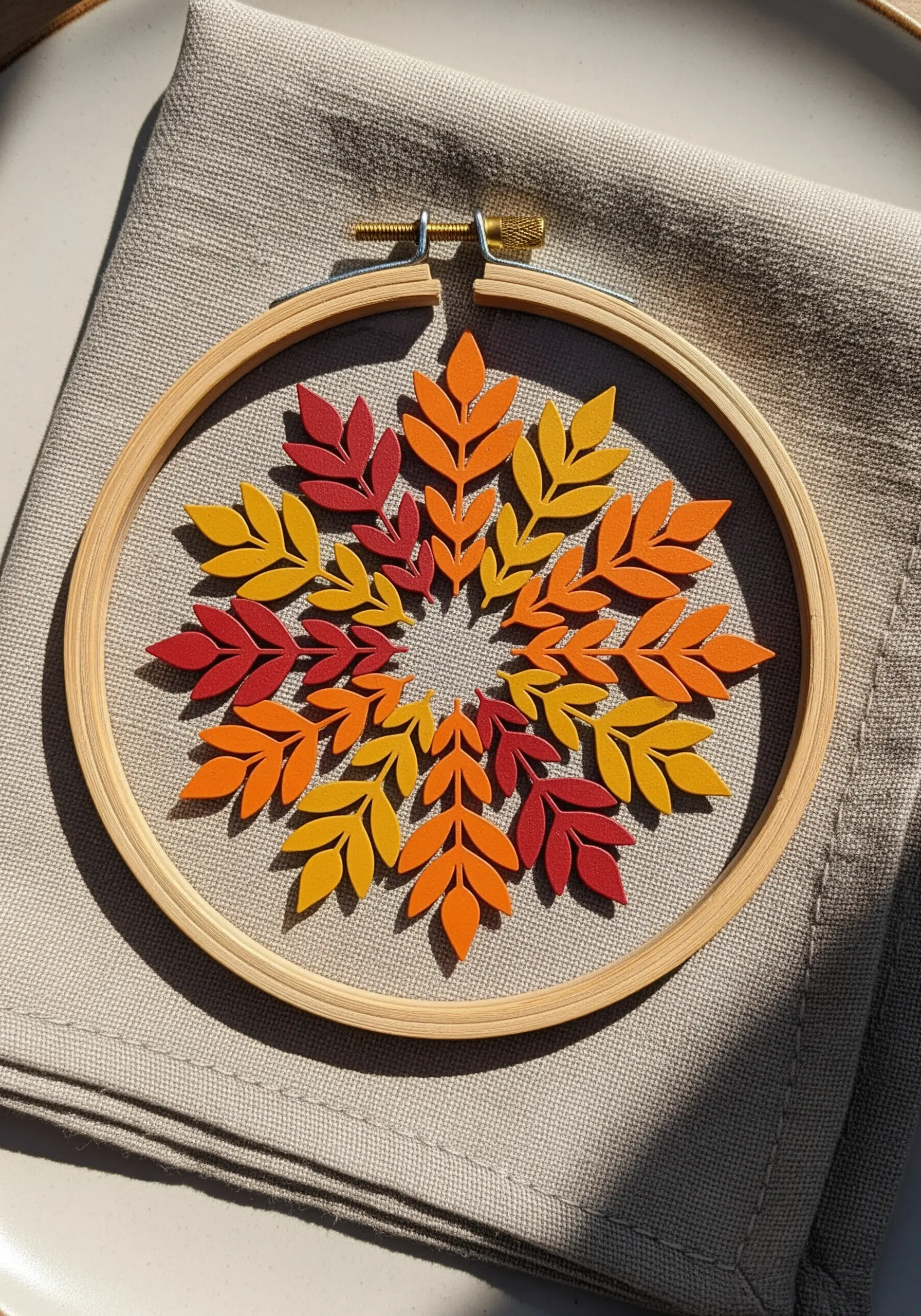 A mandala made of cut-out autumn-colored felt leaves on sheer fabric.