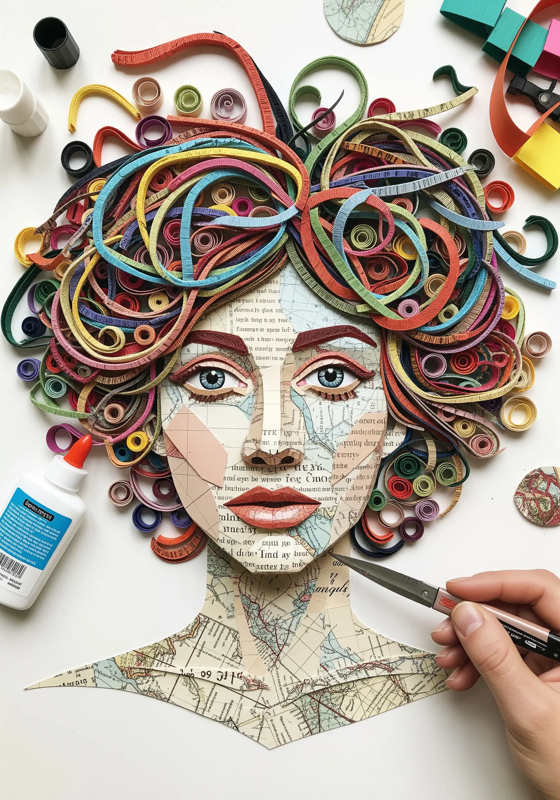 A portrait collage made from map pieces with vibrant, colorful quilled paper for hair.