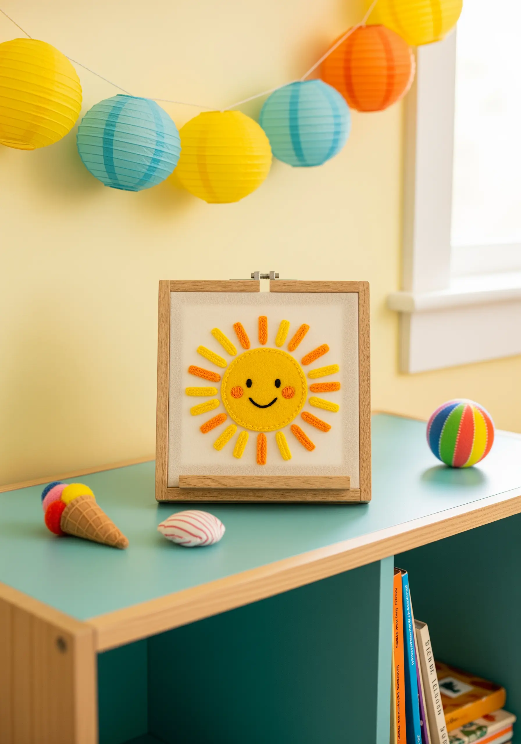 A cheerful sun made from yellow and orange felt appliqué with an embroidered smile.