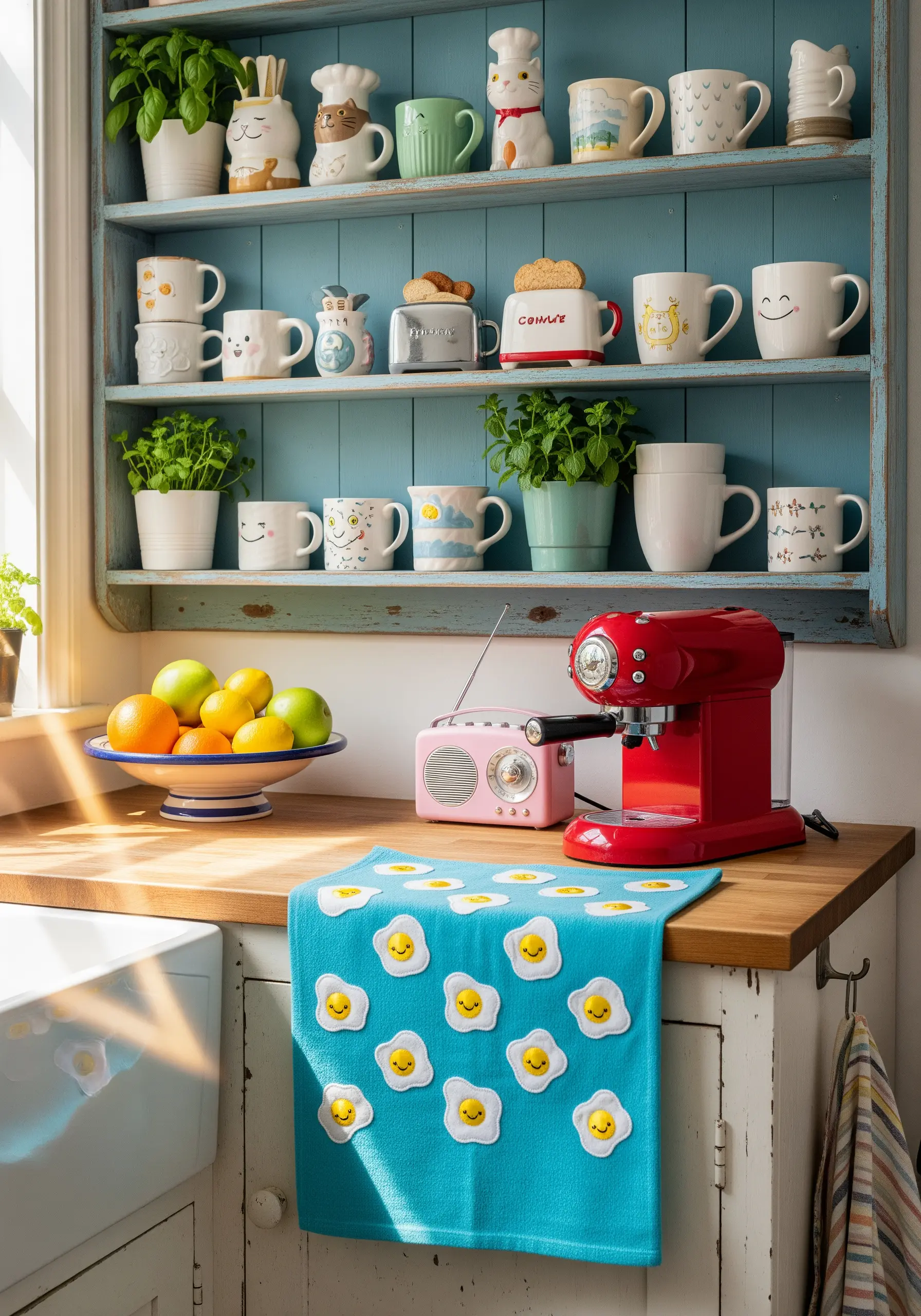 A playful pattern of smiling fried eggs made from felt appliqué on a bright blue towel.