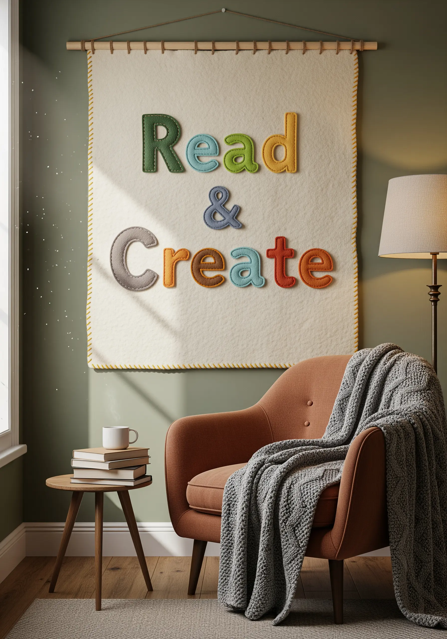 Colorful felt letters appliqued onto a cream wool banner