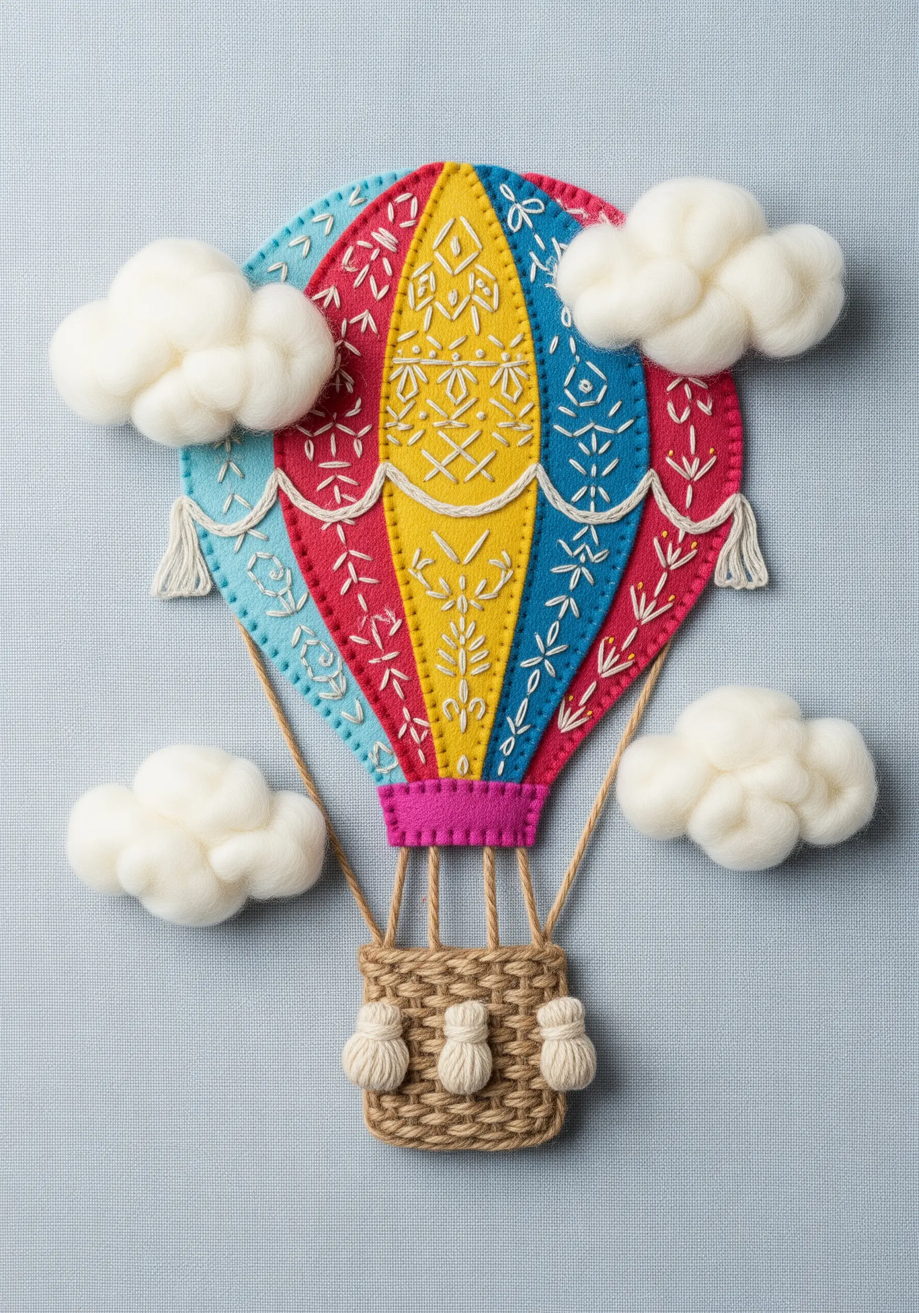 Hot air balloon made with felt appliqué, decorative stitches, and fluffy needle-felted clouds.