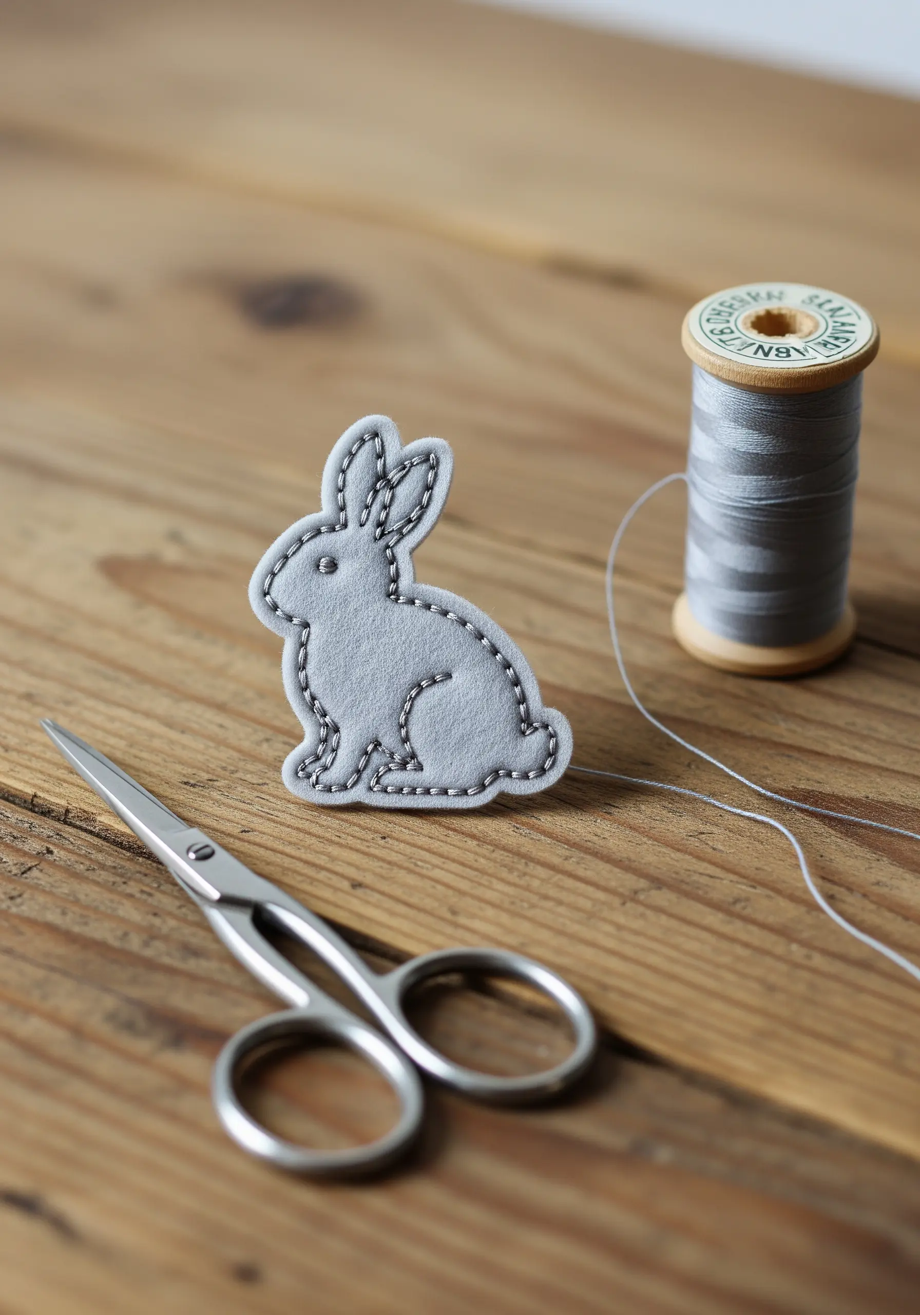 A grey felt rabbit shape stitched onto fabric with a simple running stitch outline.