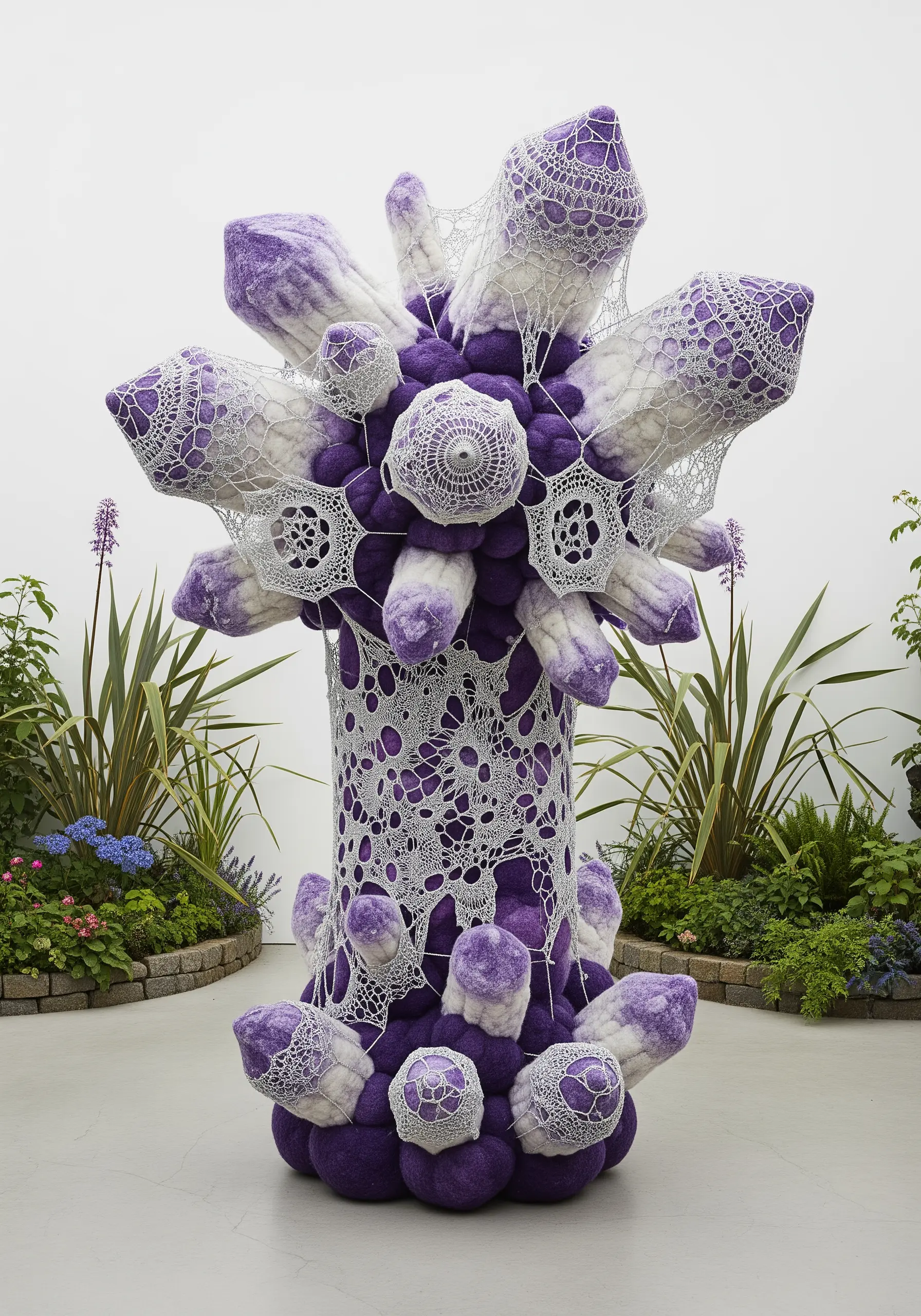 A purple and white sculpture combining soft, felted forms with delicate white lace crochet.