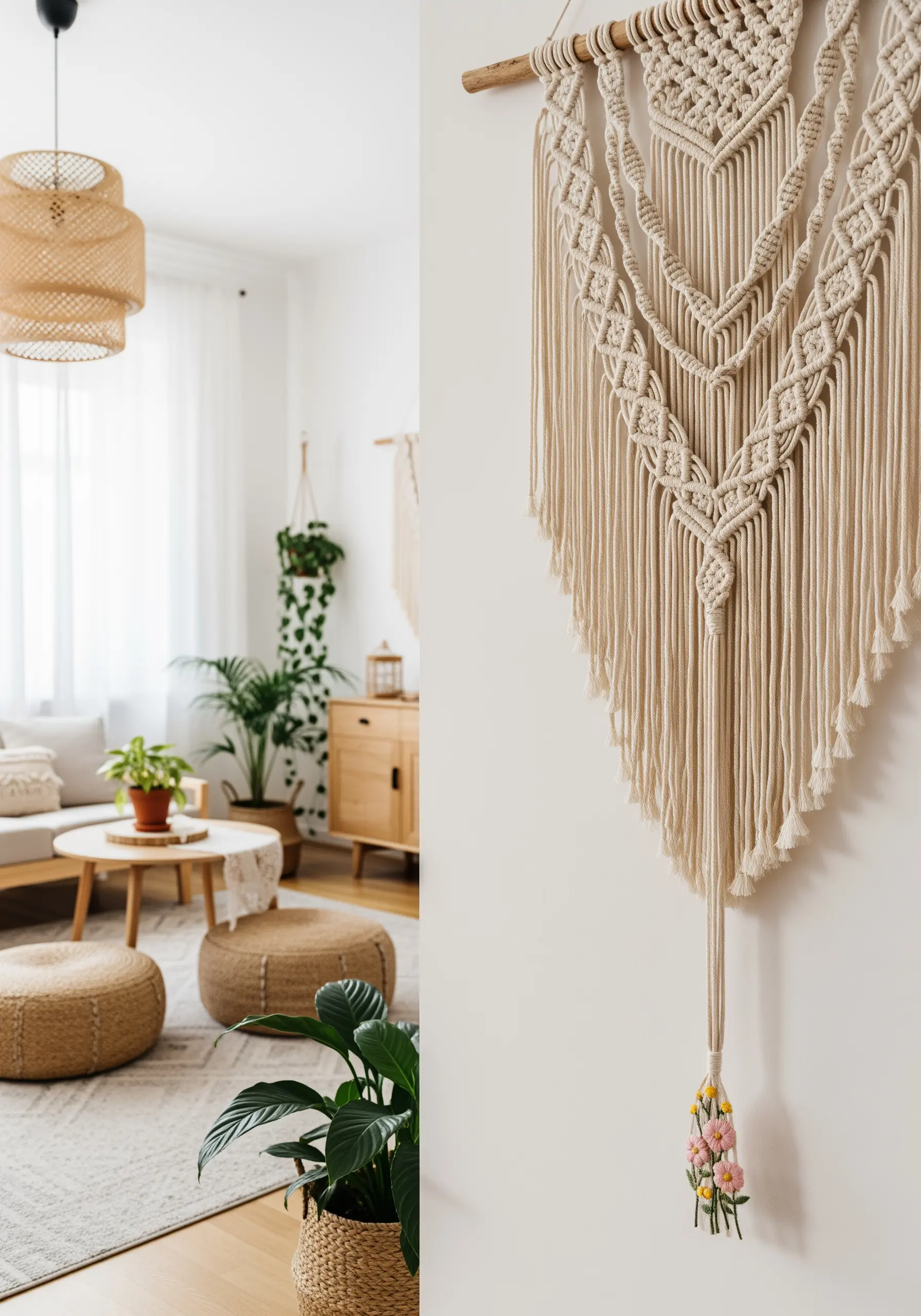 The tassel of a macrame wall hanging is embellished with a small bouquet of embroidered flowers.