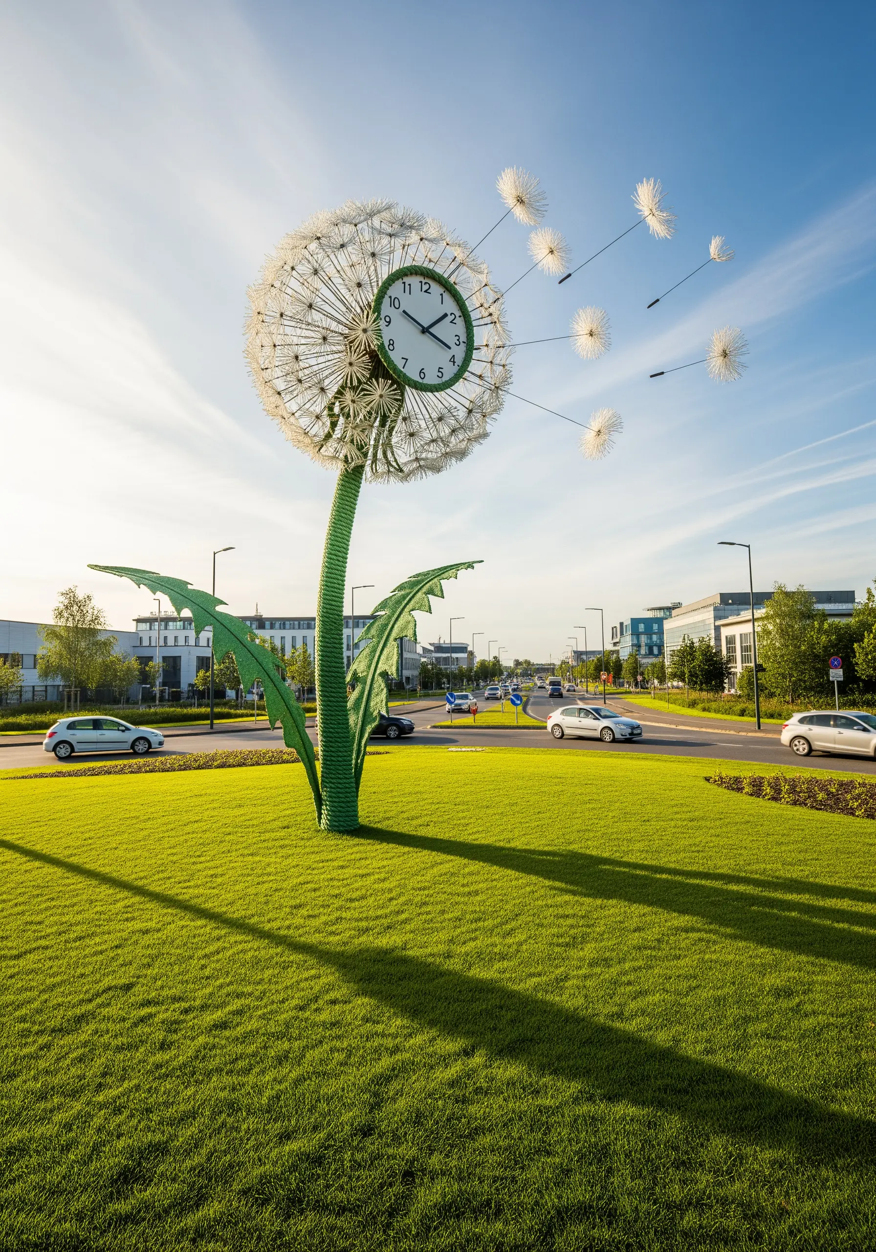 A giant dandelion sculpture with a clock for a face, with seeds blowing away in the wind.