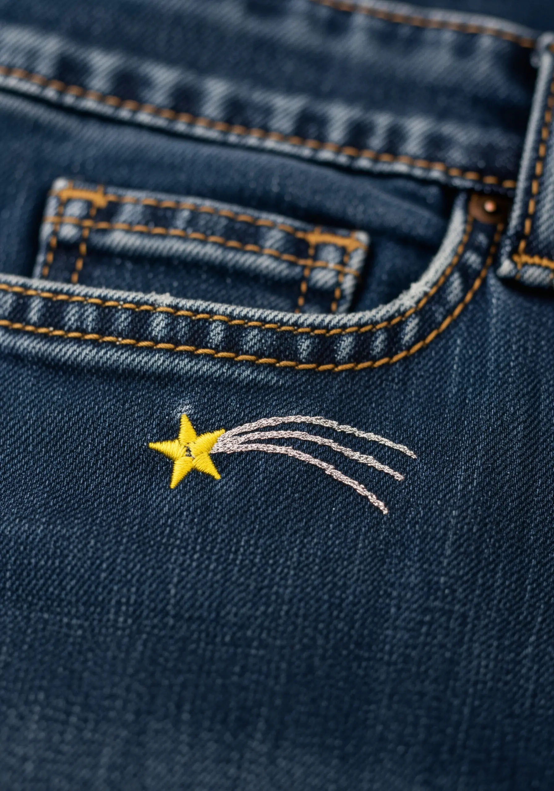 A tiny shooting star with a satin-stitched star and line-stitched tail on denim.