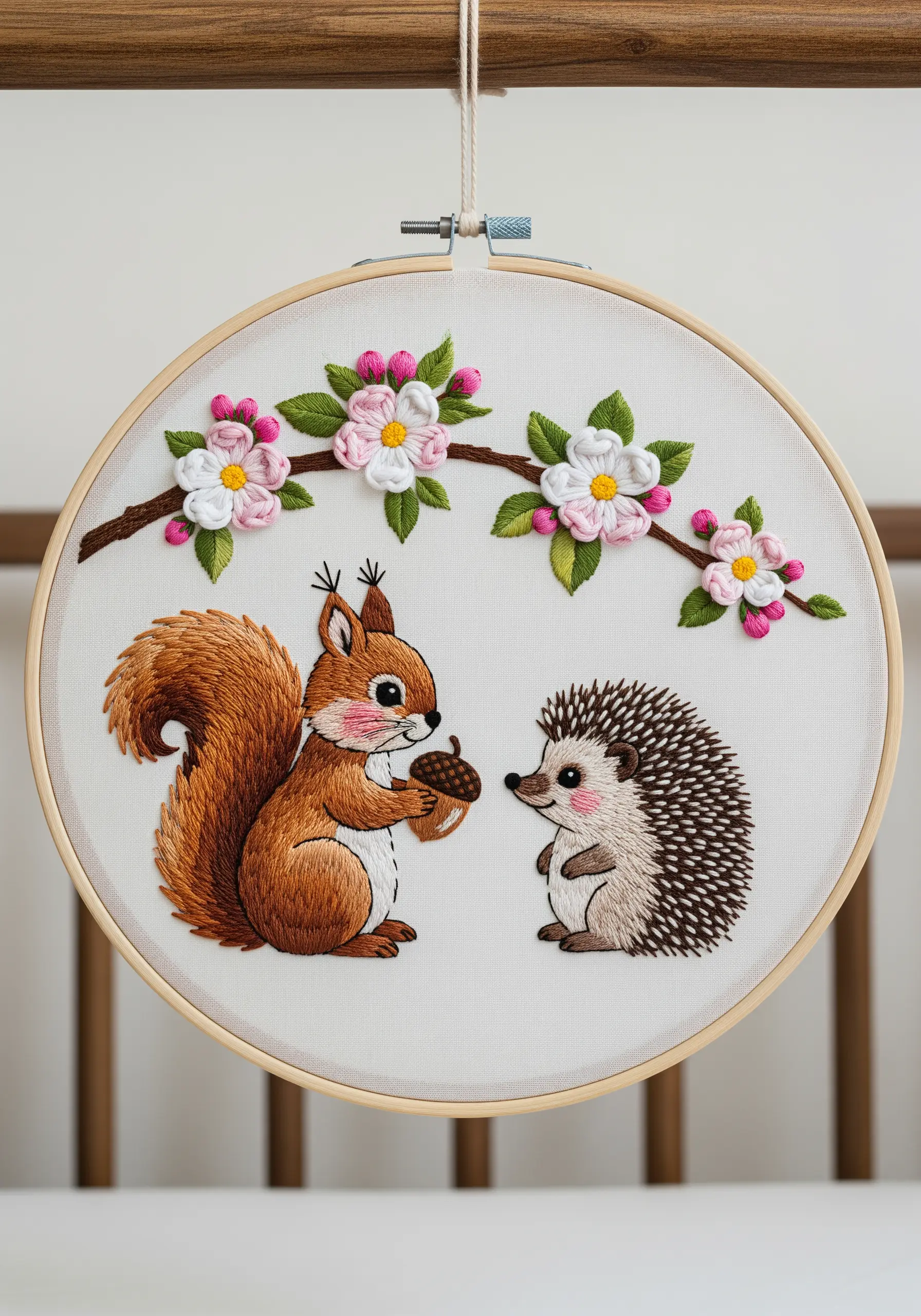 Embroidery of a squirrel and hedgehog under a branch with 3D pink and white flowers.