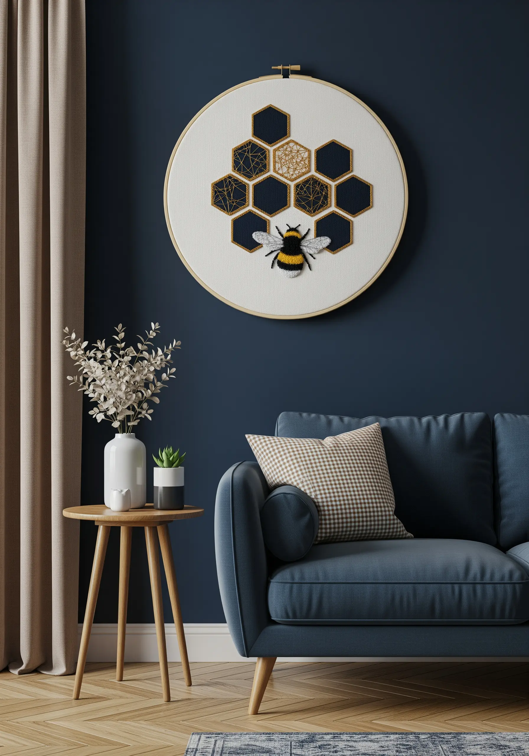 Embroidered bee on a geometric honeycomb pattern against a dark blue wall.