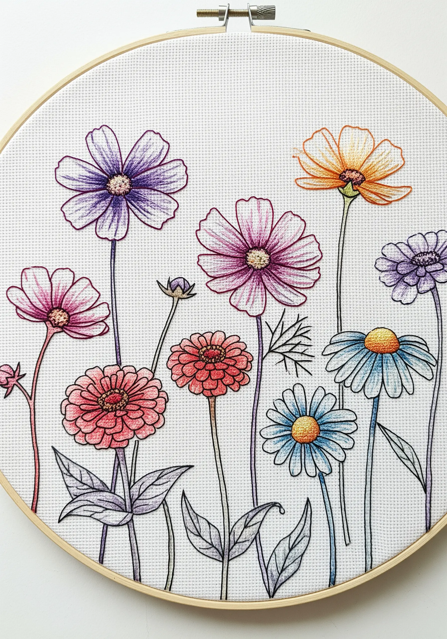 Illustrated wildflowers outlined in black thread and lightly colored in with pastel stitches.