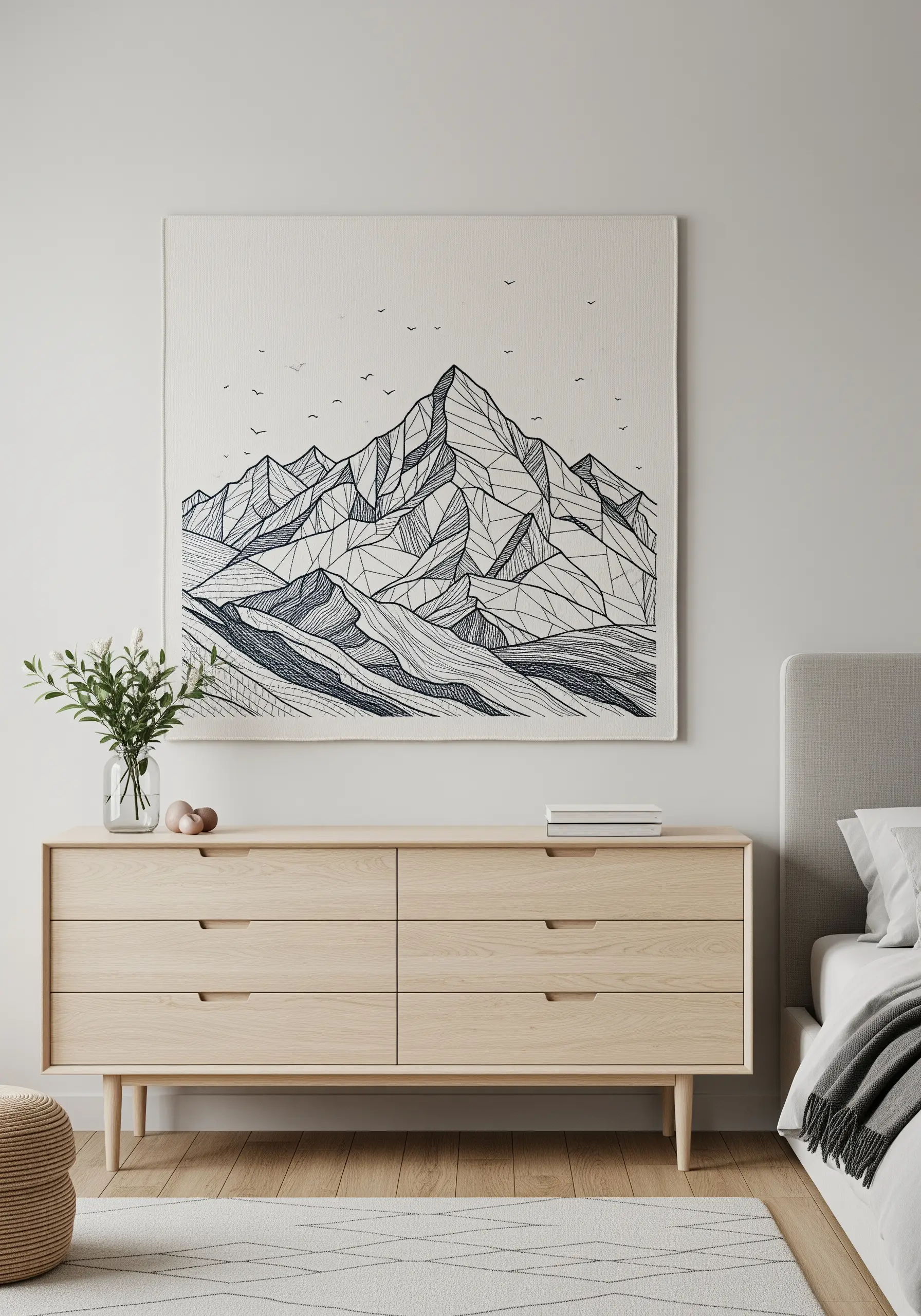 Large canvas embroidery of a geometric mountain range in black and gray thread.
