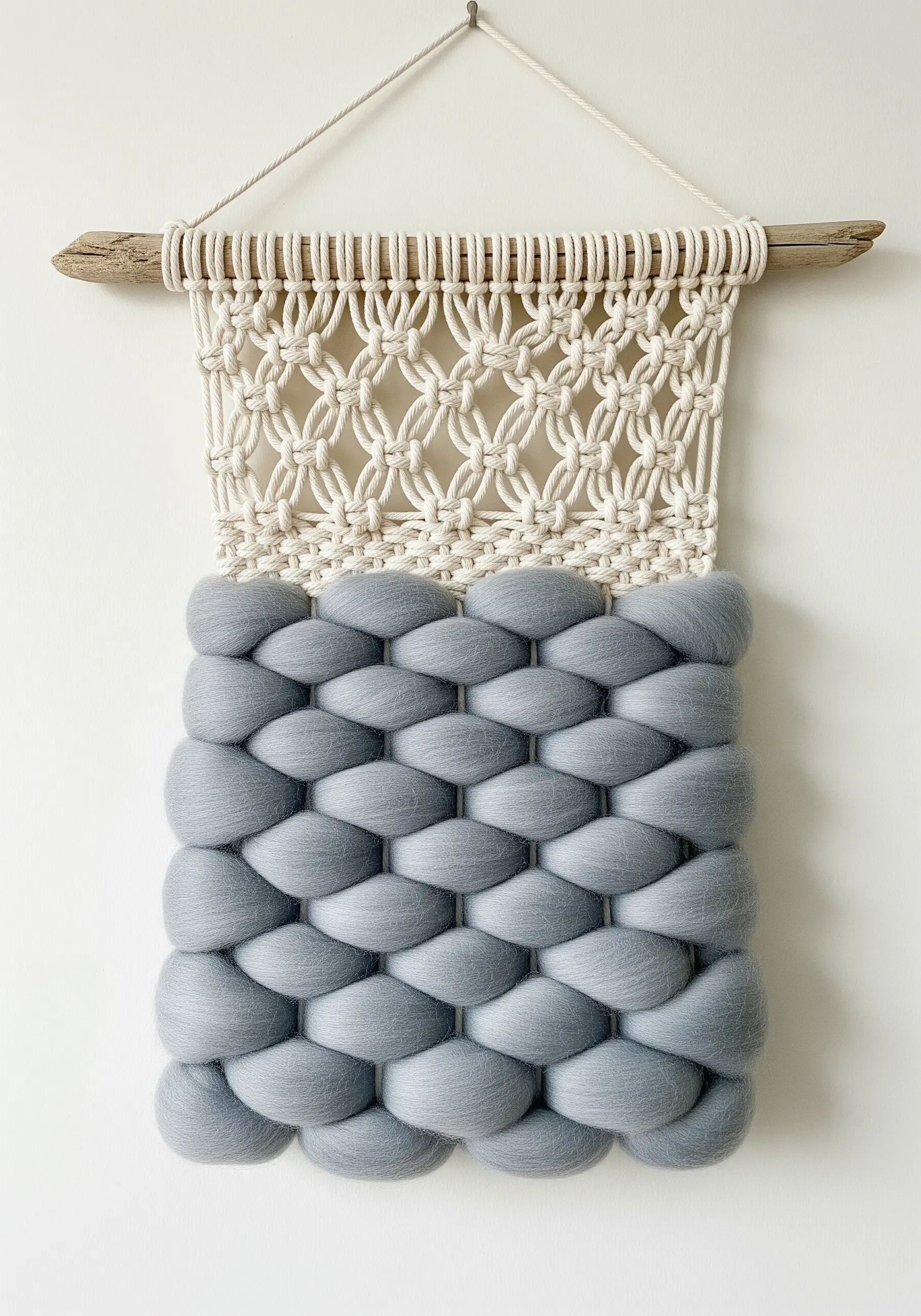 Wall hanging combining a neutral macrame top panel with a woven bottom of chunky grey wool roving.