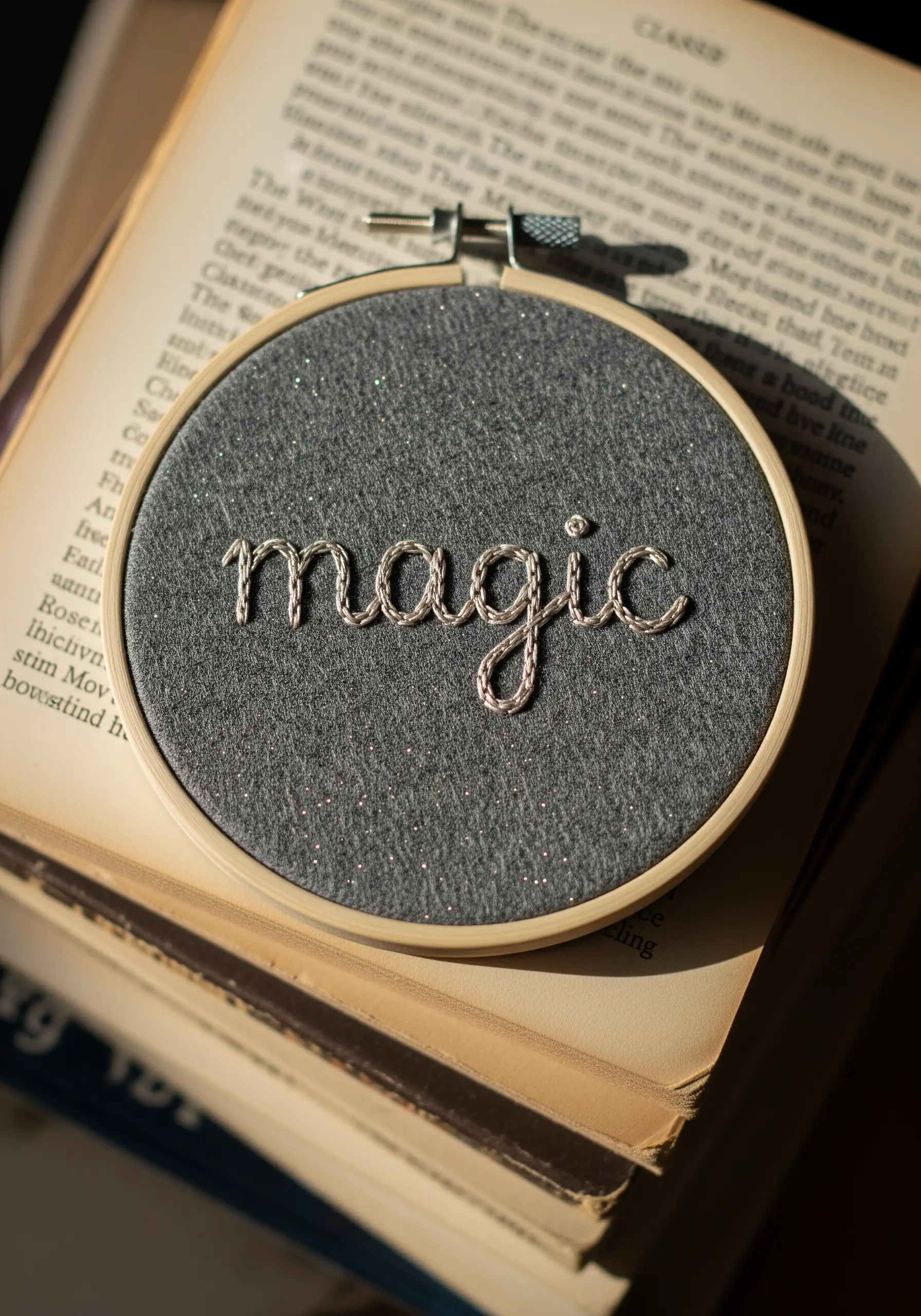 The word 'magic' in silver metallic thread on grey sparkly fabric.