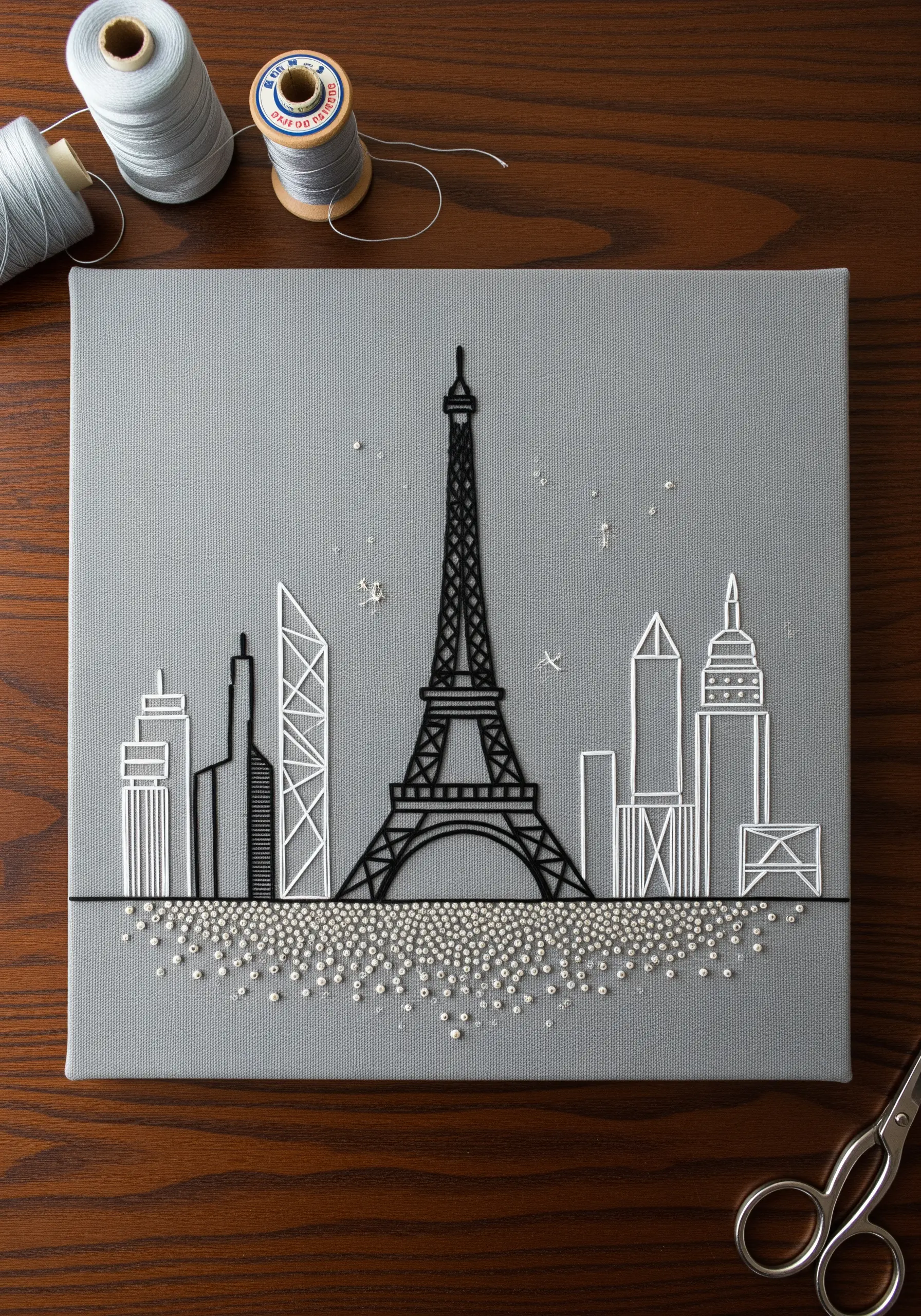 Minimalist thread outline of Paris skyline with a cluster of white beads at the base.