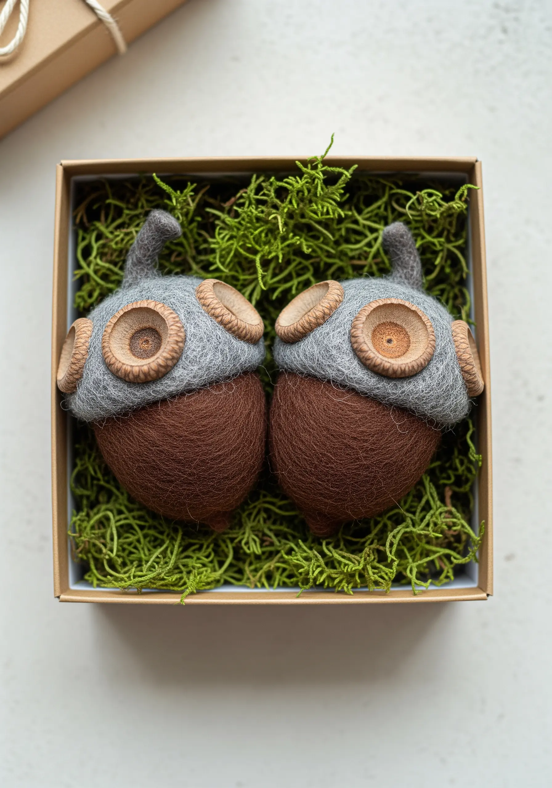 Two needle-felted acorns with real acorn caps, nestled in bright green moss inside a gift box.