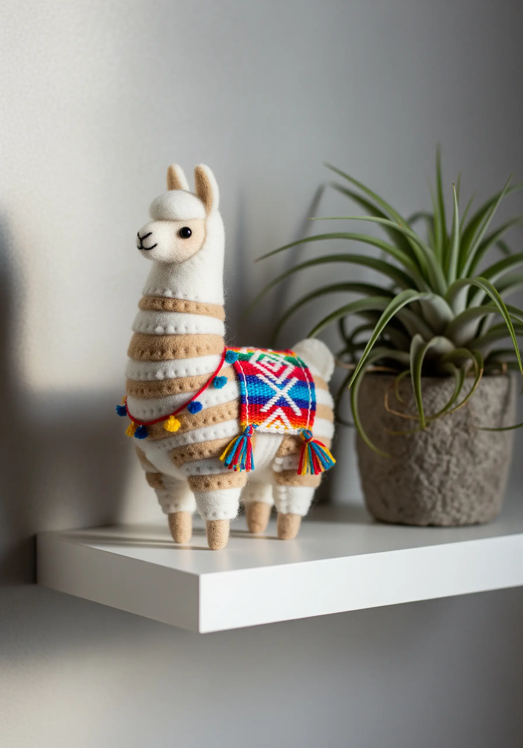 A needle-felted llama figurine with a colorful woven saddle and tassels.