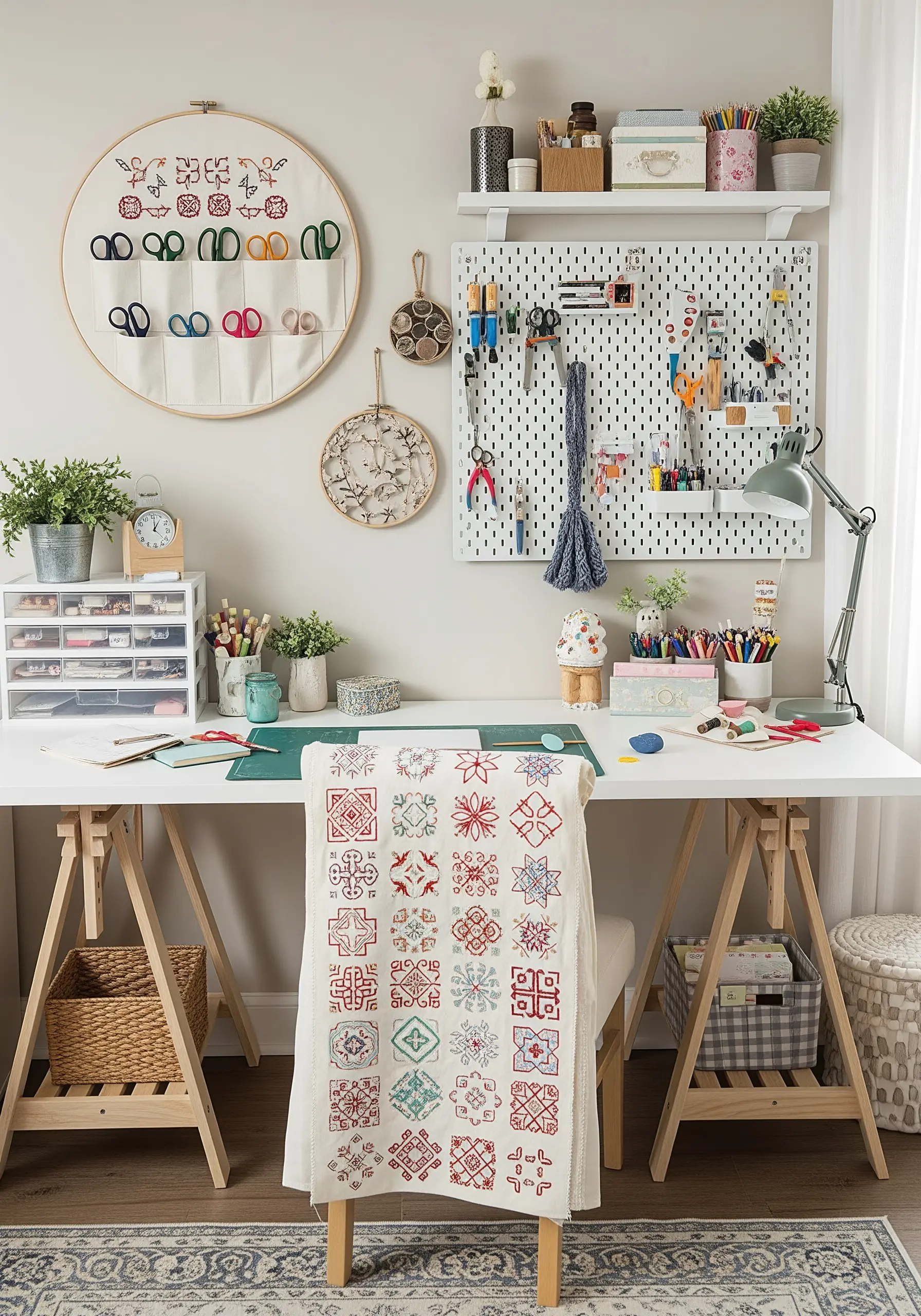A crafter's desk featuring a hoop organizer for scissors and a cross-stitch sampler over the chair.