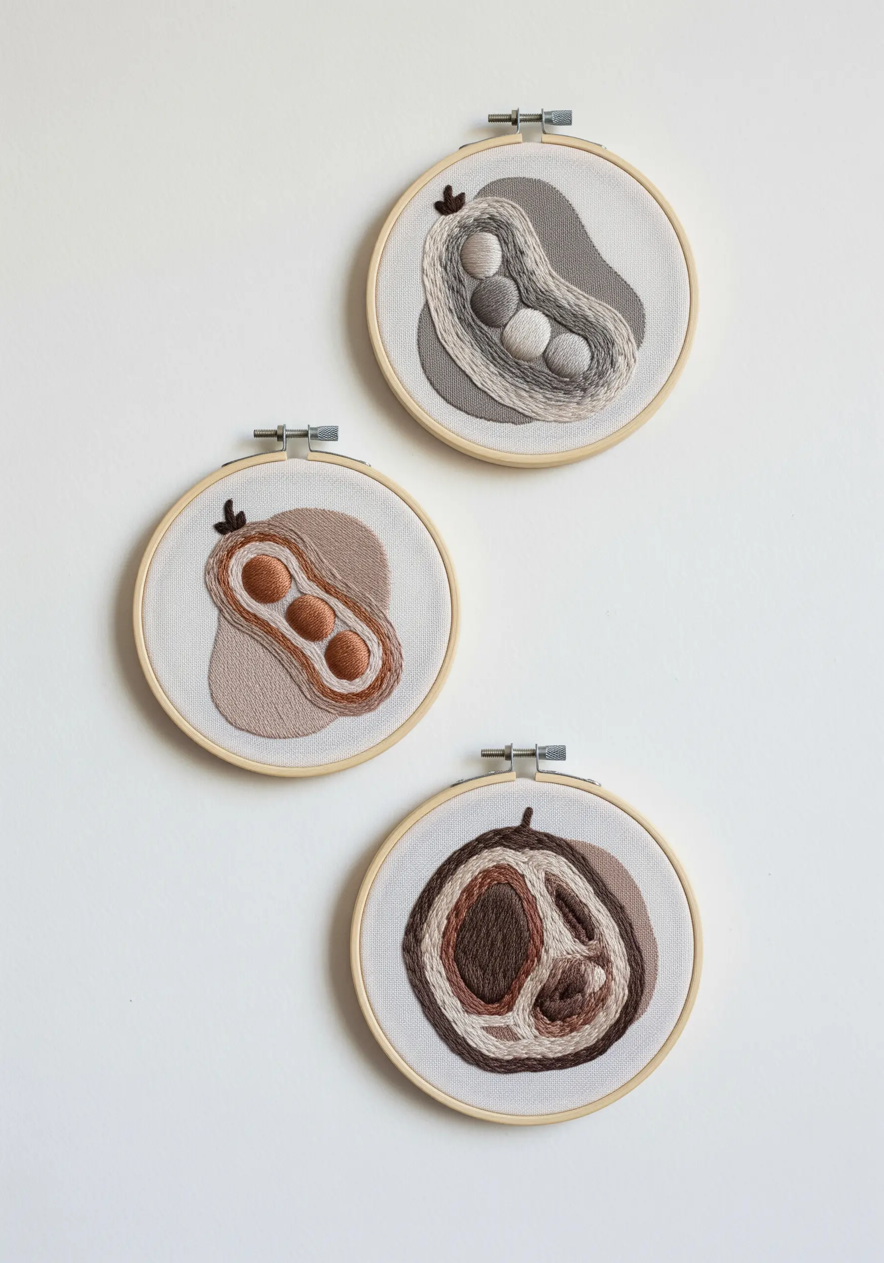 Three small embroidery hoops with abstract, organic pod shapes in neutral earth tones.