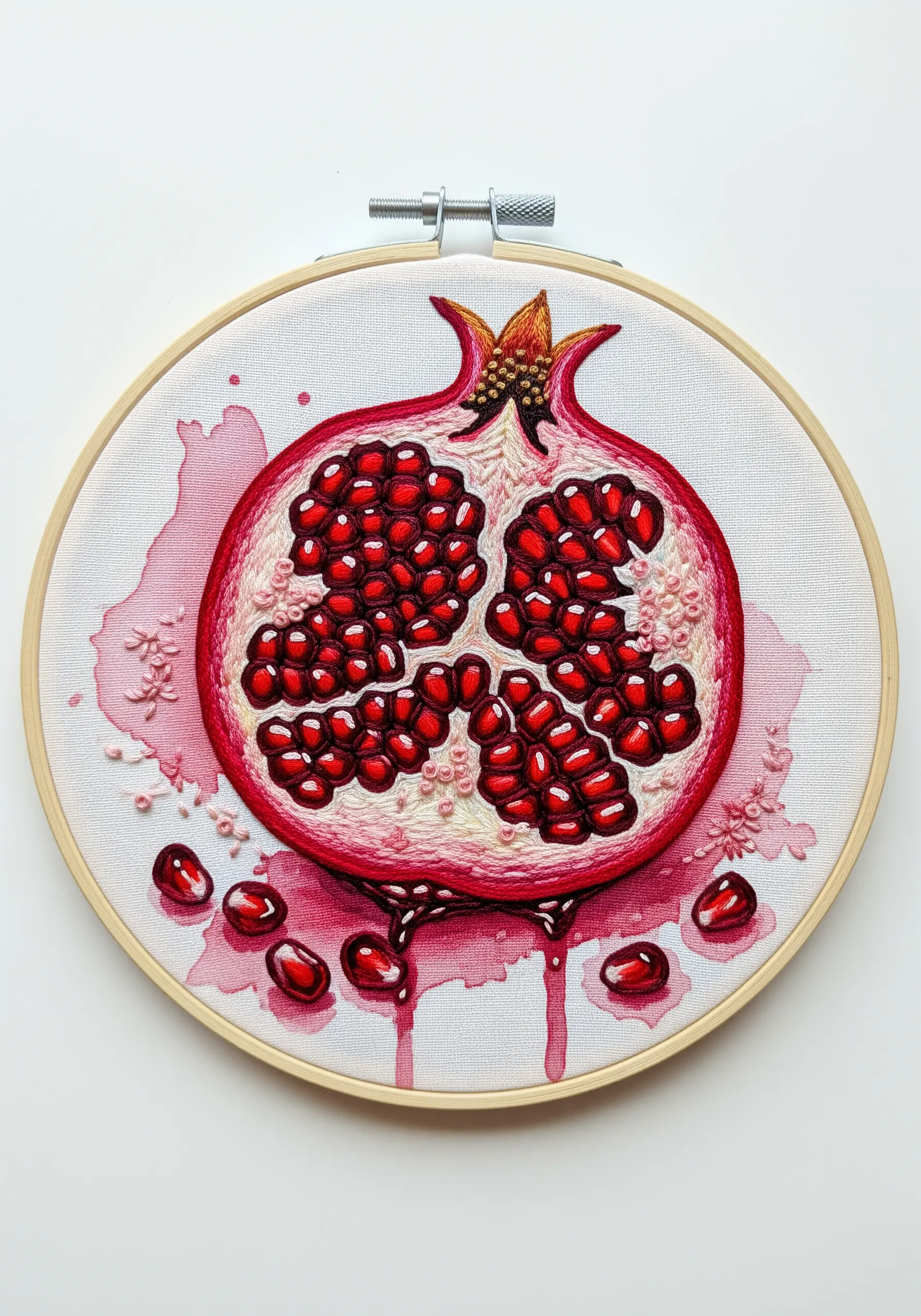 Embroidery of a cut pomegranate with beaded seeds and a watercolor background.