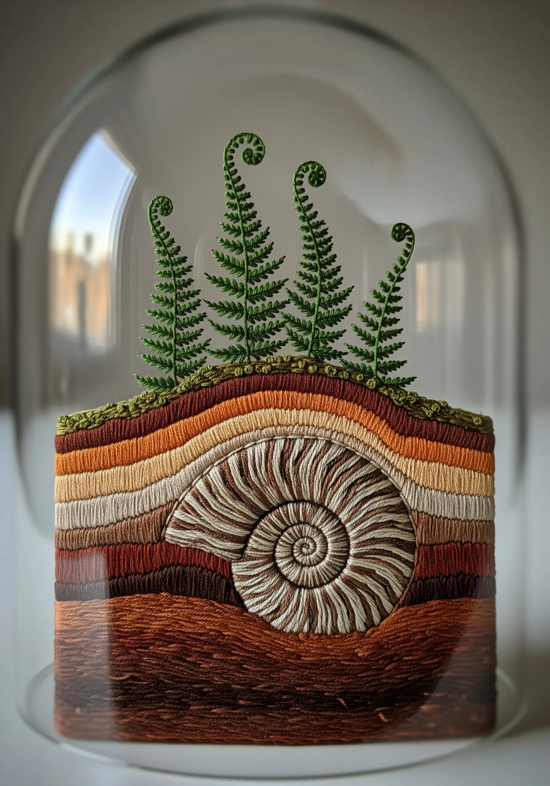 Embroidered ammonite fossil buried in soil layers with green ferns growing above