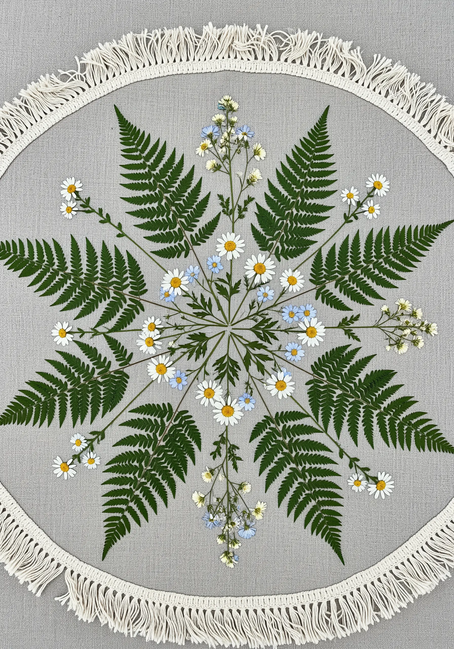 A circular design on grey fabric combining real pressed ferns with embroidered daisies.