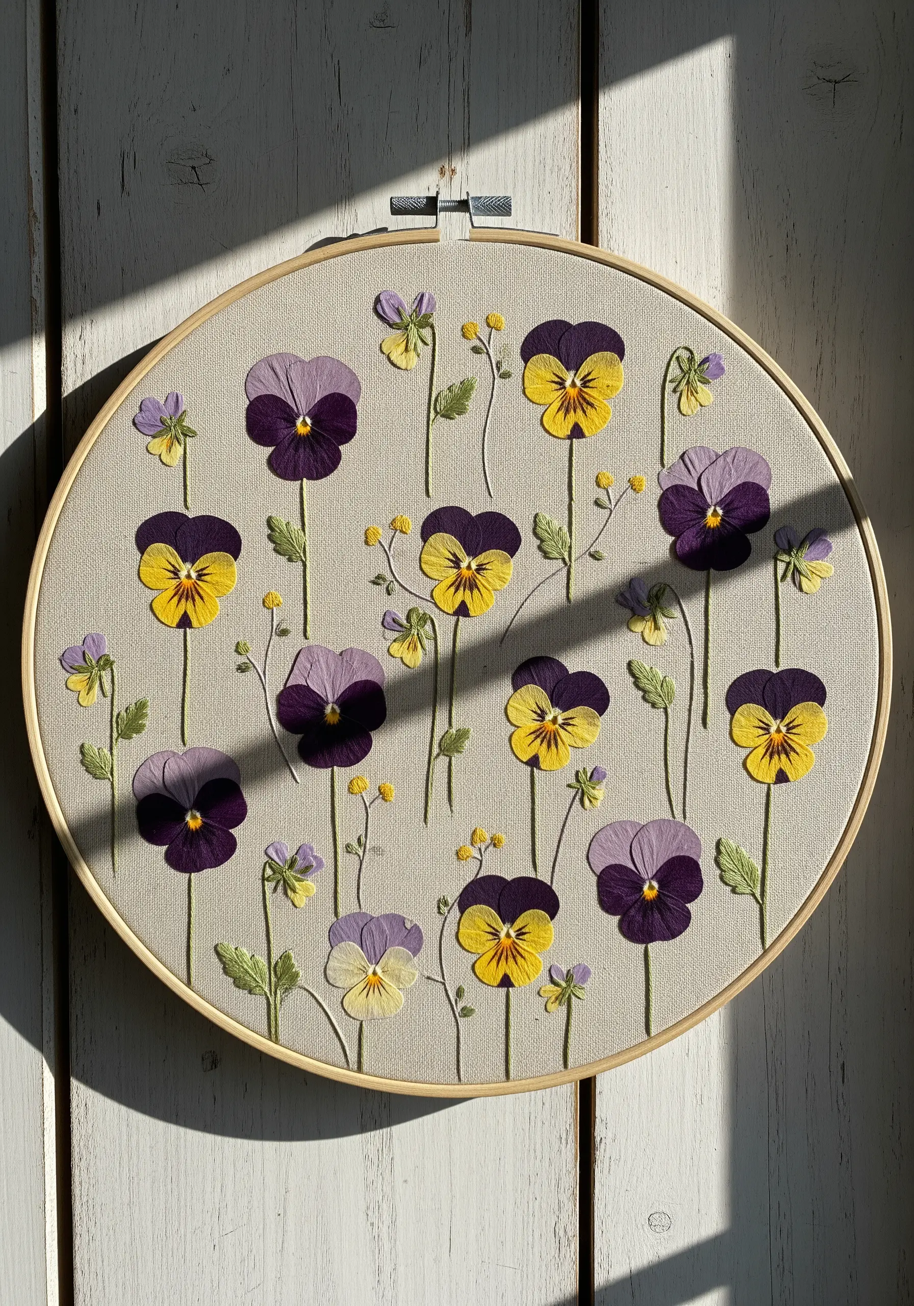 Embroidery hoop with real pressed pansies combined with embroidered green stems and leaves.