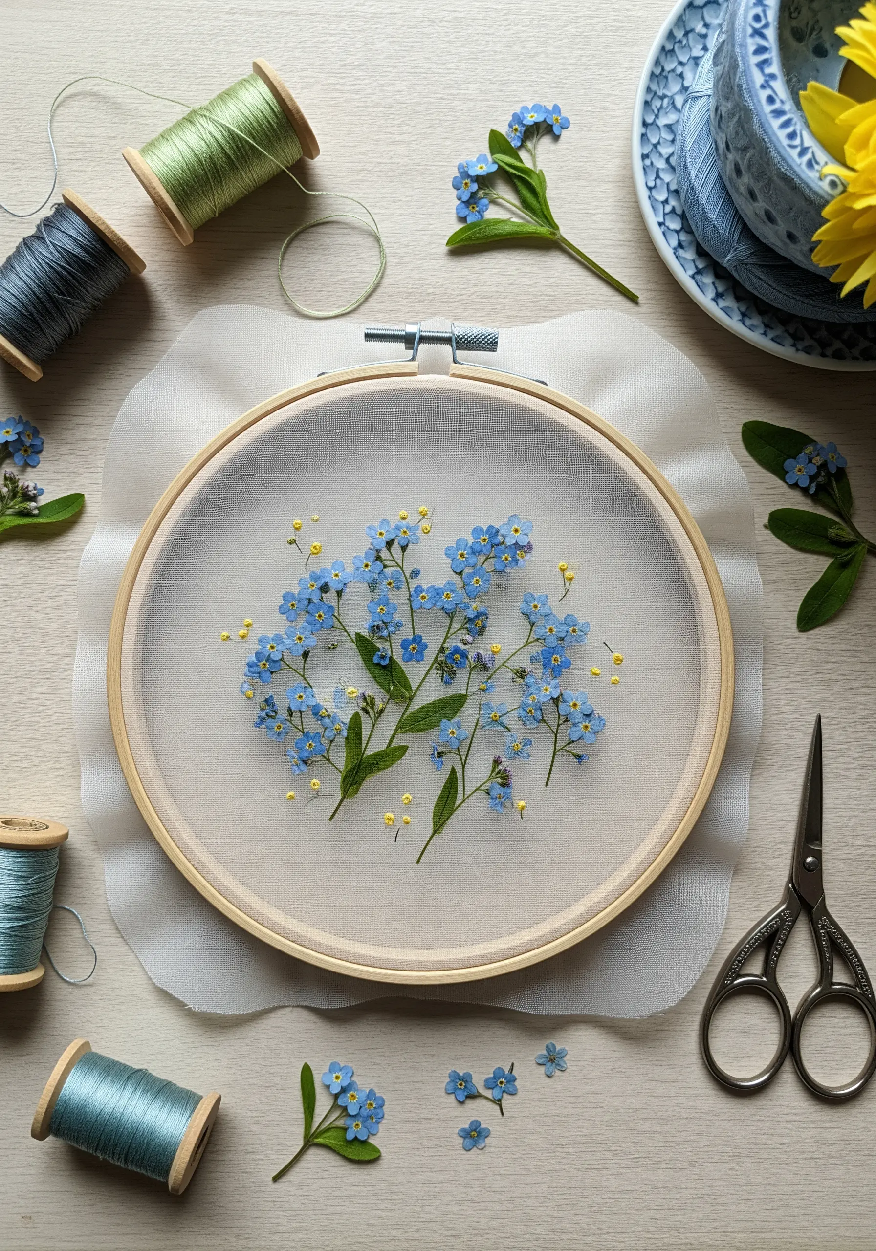 Pressed blue forget-me-nots and tiny yellow French knots on sheer fabric in a hoop.