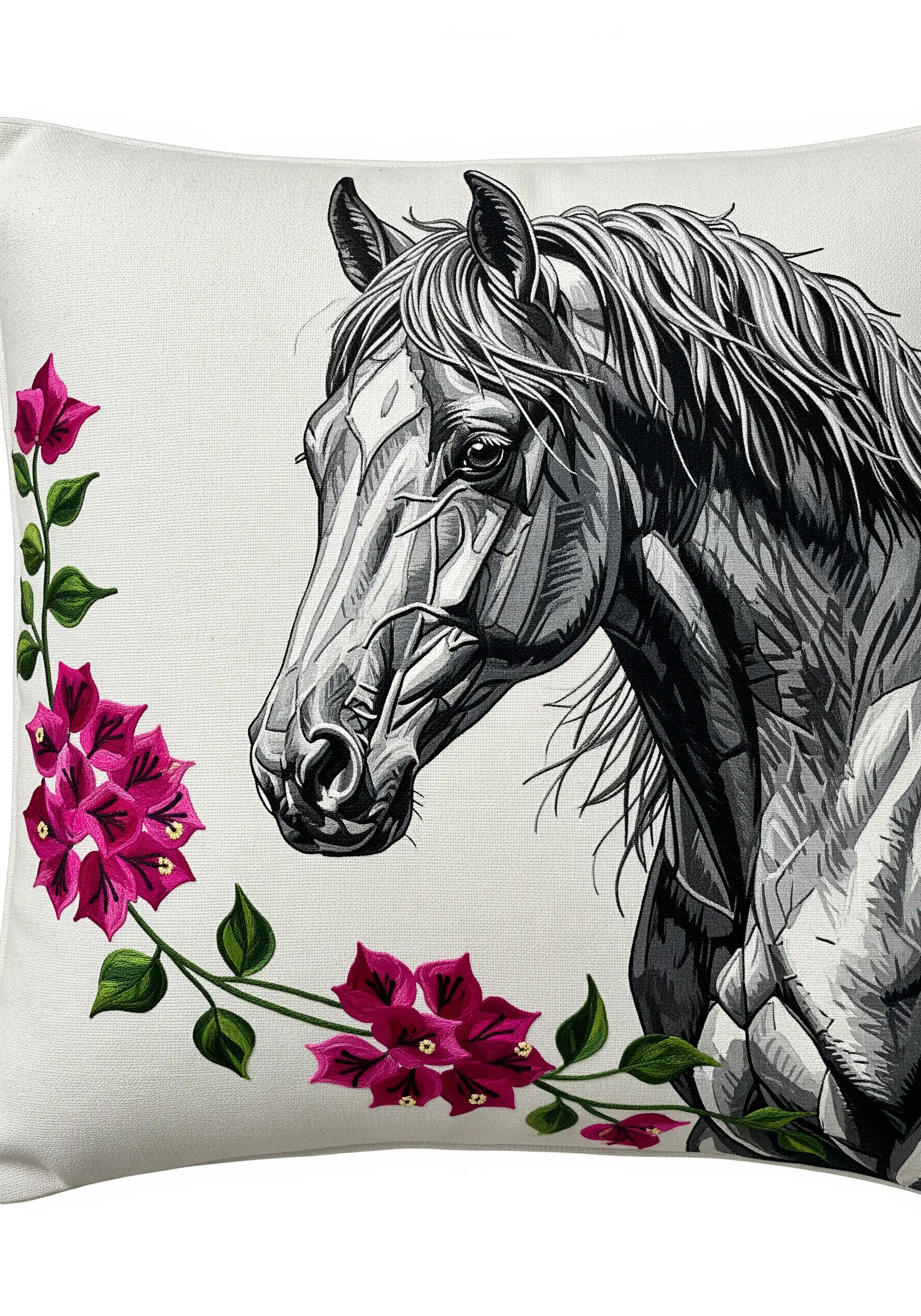 Realistic black and white thread-painted horse portrait framed by magenta bougainvillea.